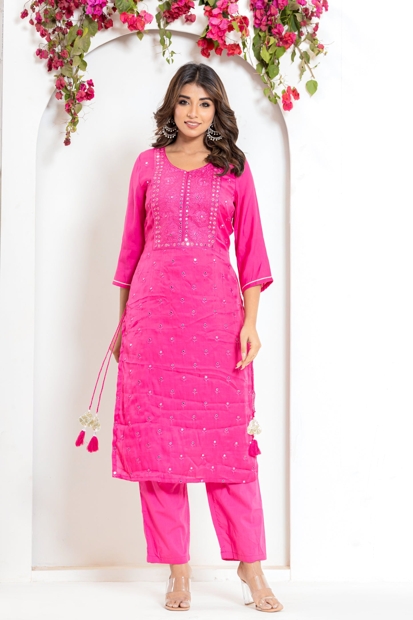 Embroidered Mirror Kurta Set in Yellow and Pink
