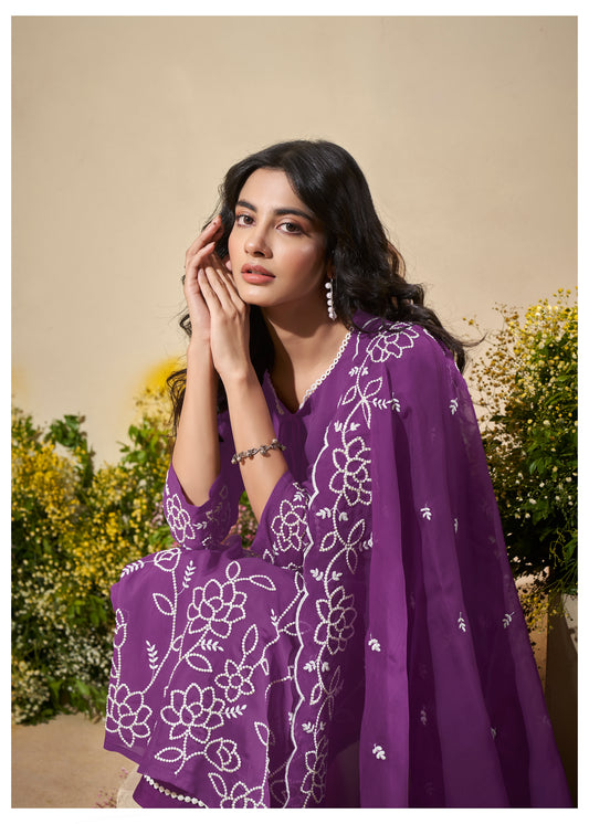 Purple Organza Embroidered Suit Set