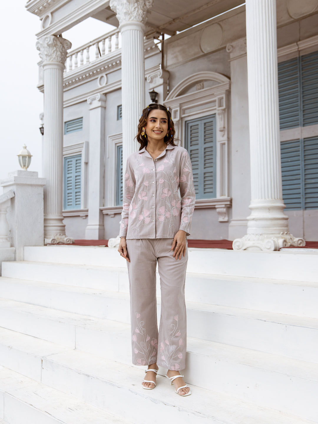 Grey Pink Embroidered Co-ord Set