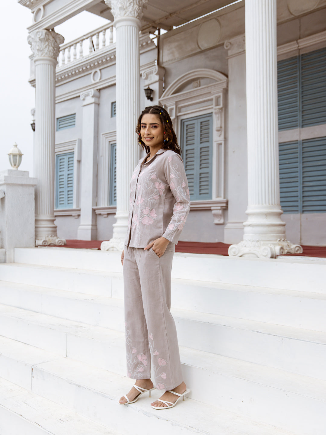 Grey Pink Embroidered Co-ord Set