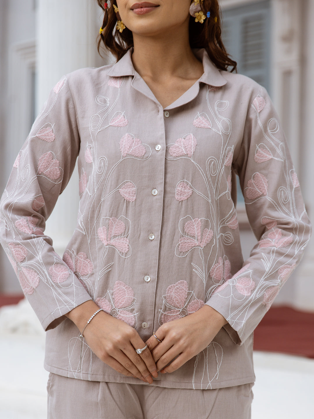 Grey Pink Embroidered Co-ord Set