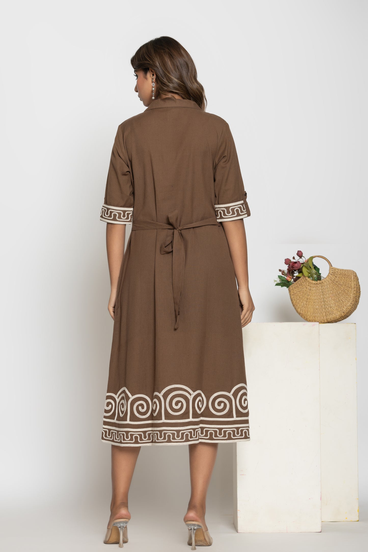 Brown A-Line Cotton Midi Dress