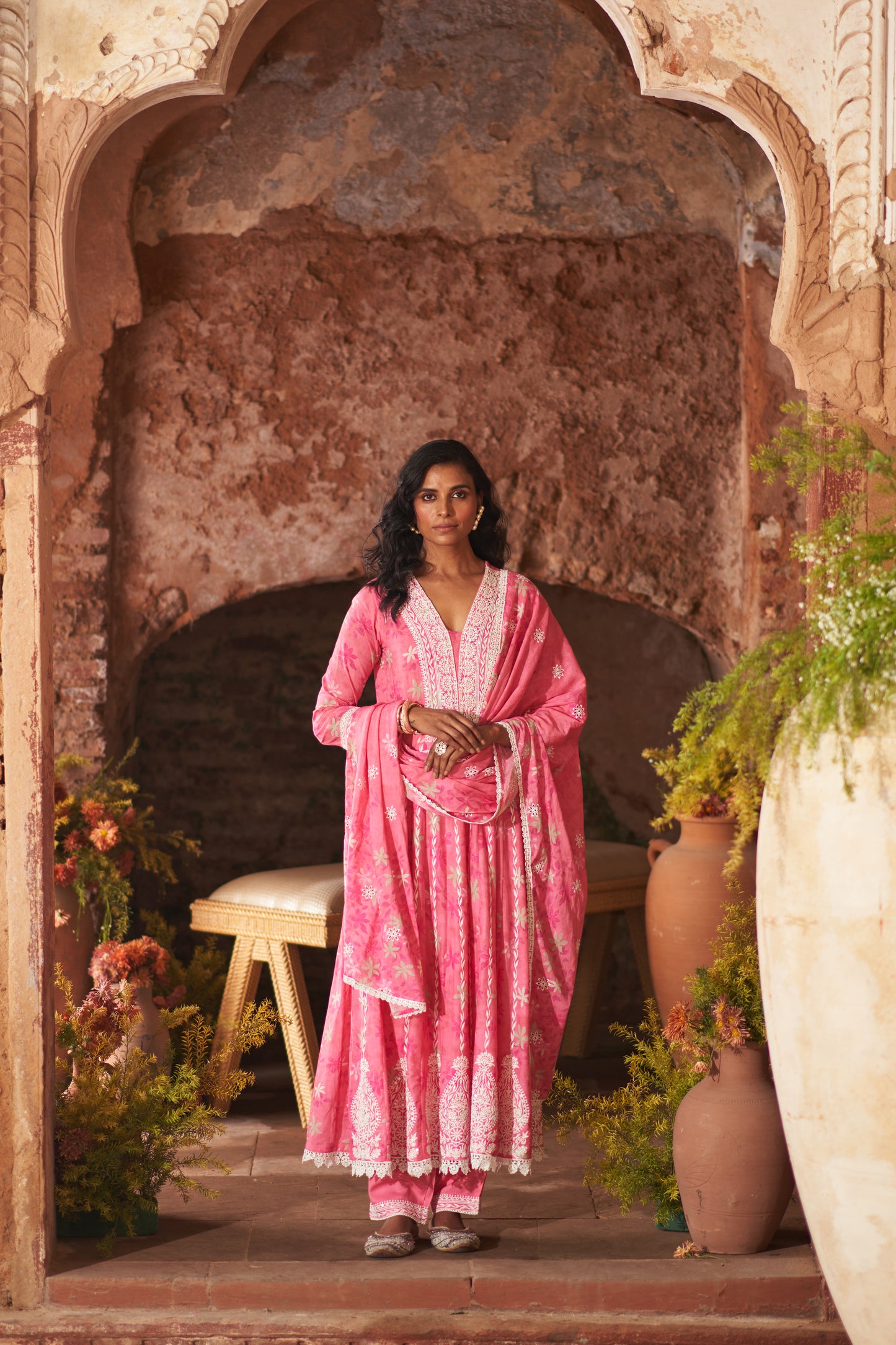 Dusty Pink Cotton Floral Printed and Resham Embroidered Anarkali Suit