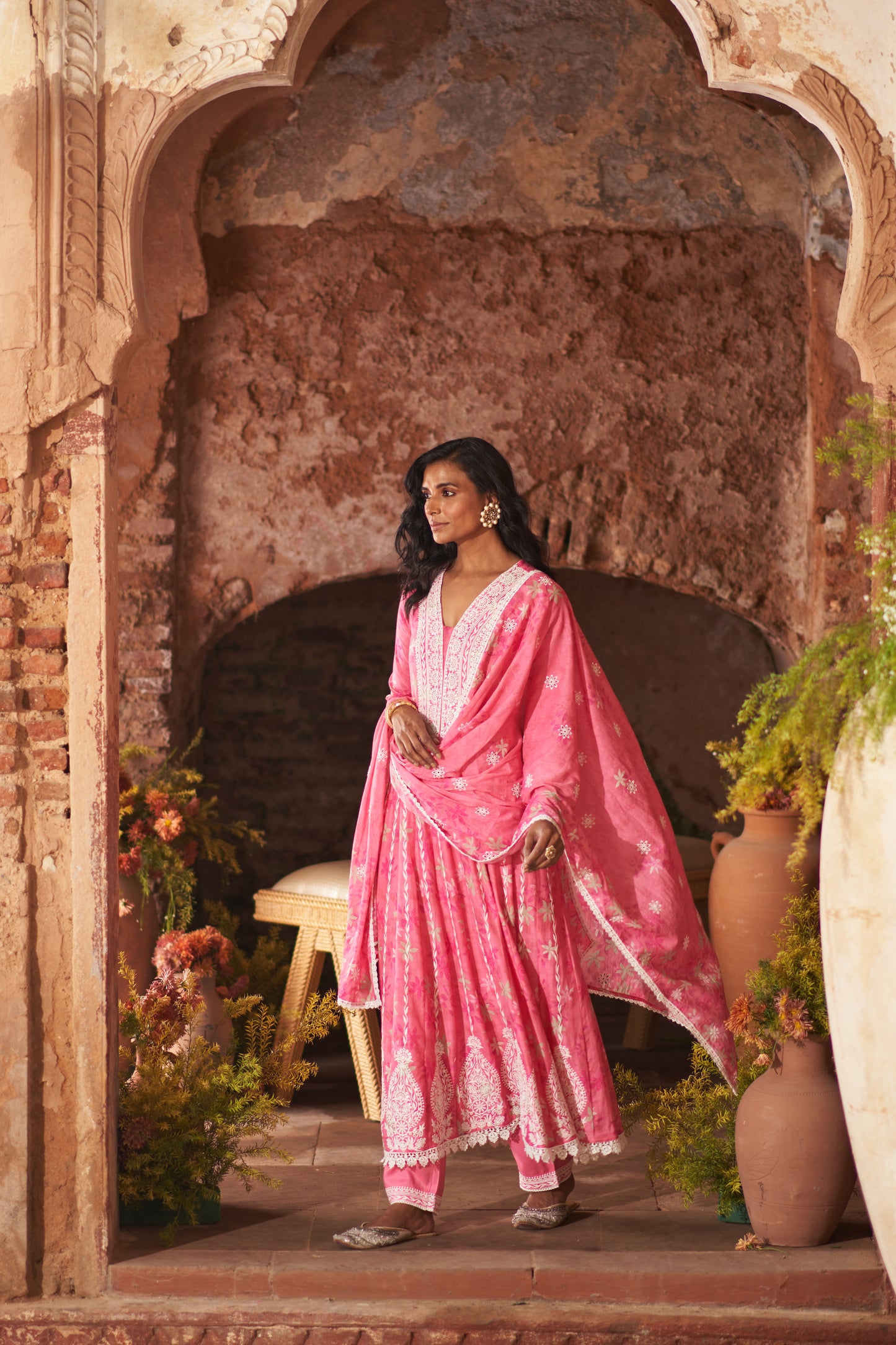 Dusty Pink Cotton Floral Printed and Resham Embroidered Anarkali Suit
