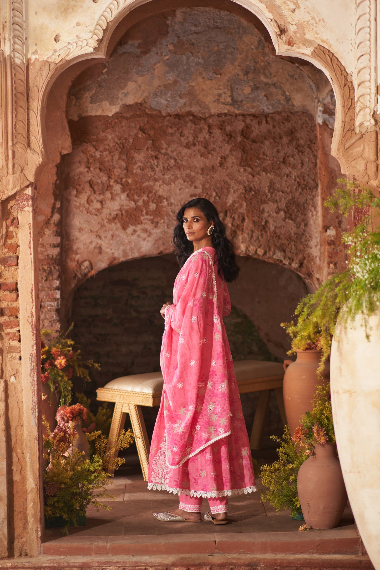 Dusty Pink Cotton Floral Printed and Resham Embroidered Anarkali Suit