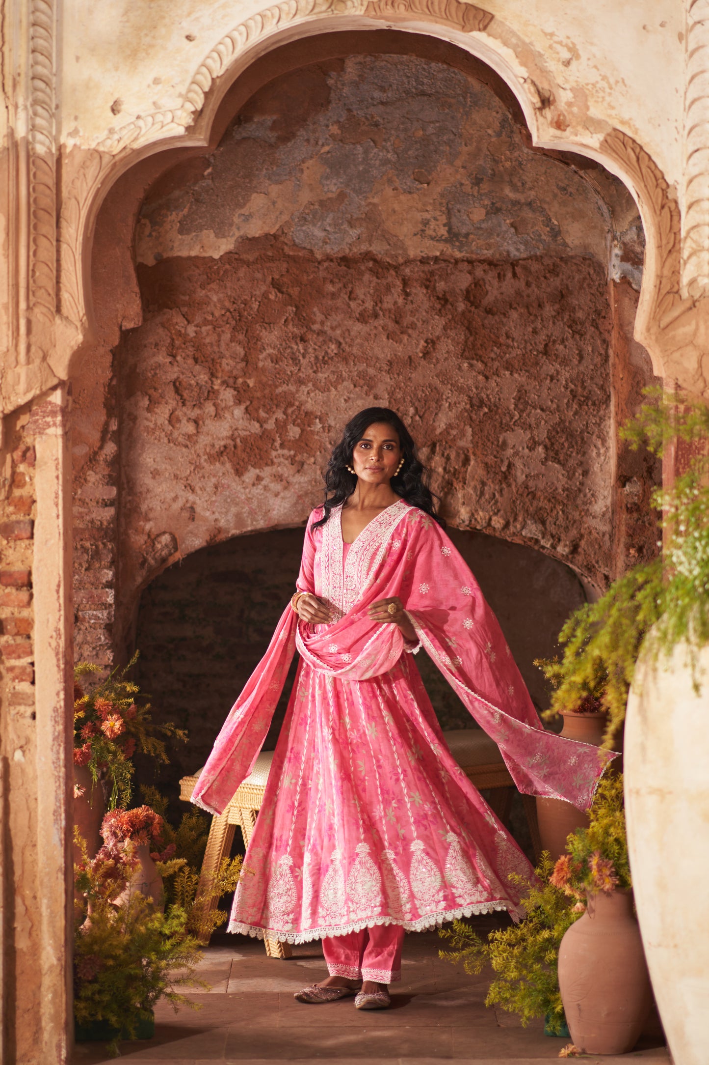 Dusty Pink Cotton Floral Printed and Resham Embroidered Anarkali Suit