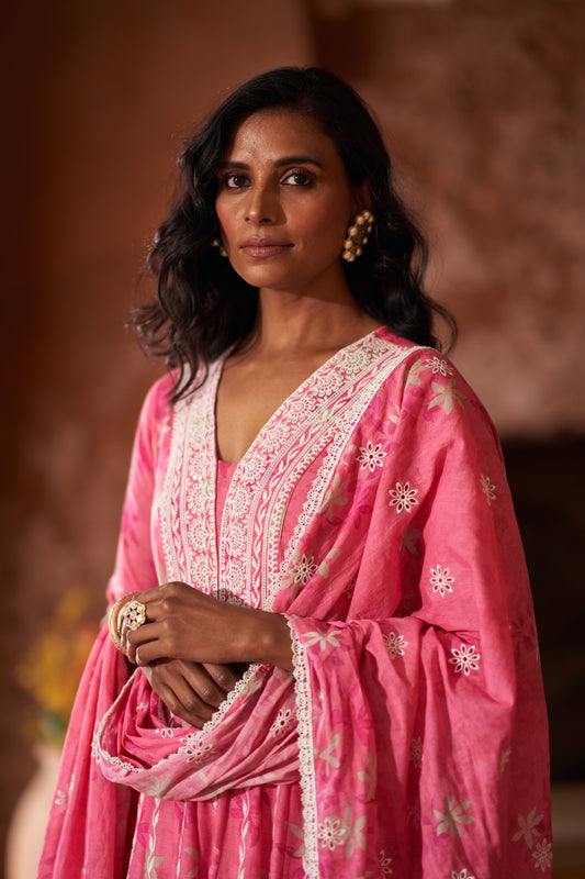 Dusty Pink Cotton Floral Printed and Resham Embroidered Anarkali Suit