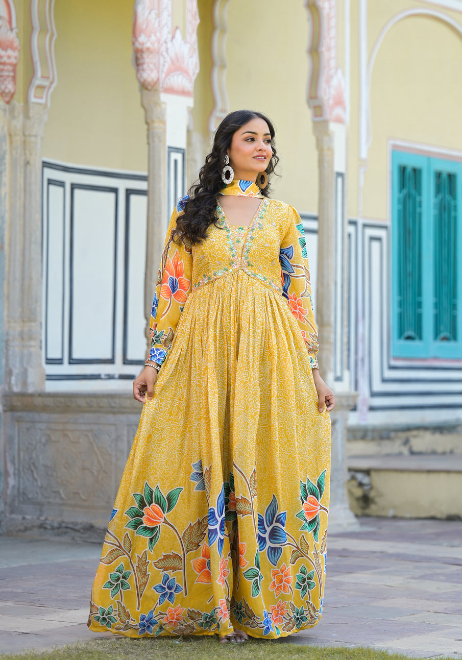 Alia cut floral printed long dress with neck detailing Dhaage Alia cut floral printed long dress with neck detailing Dhaage