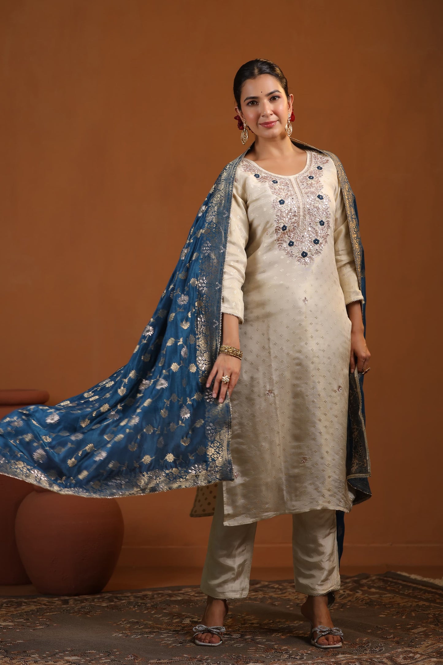 Ivory Suit Set with Blue Banarasi Dupatta