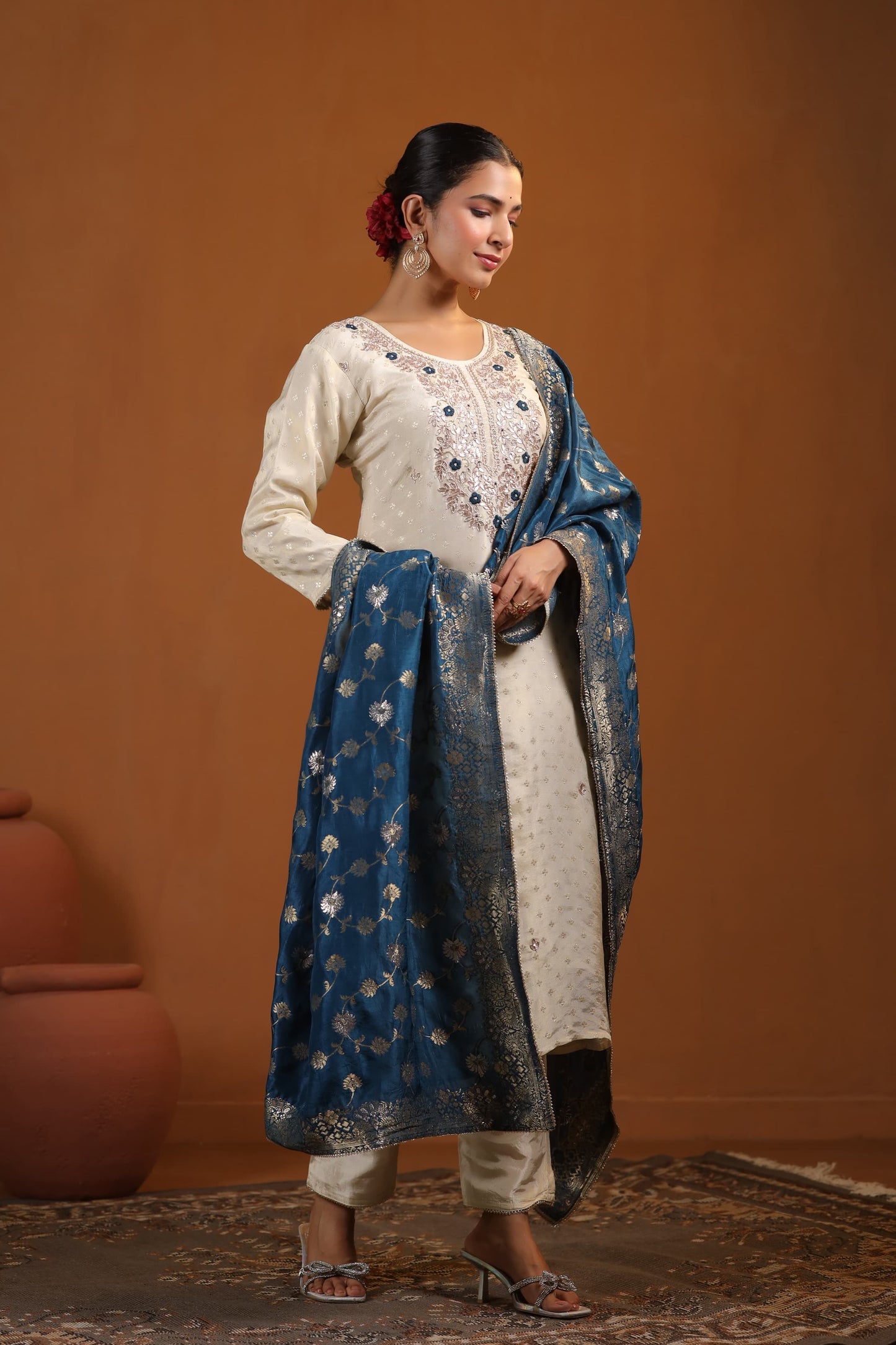 Ivory Suit Set with Blue Banarasi Dupatta