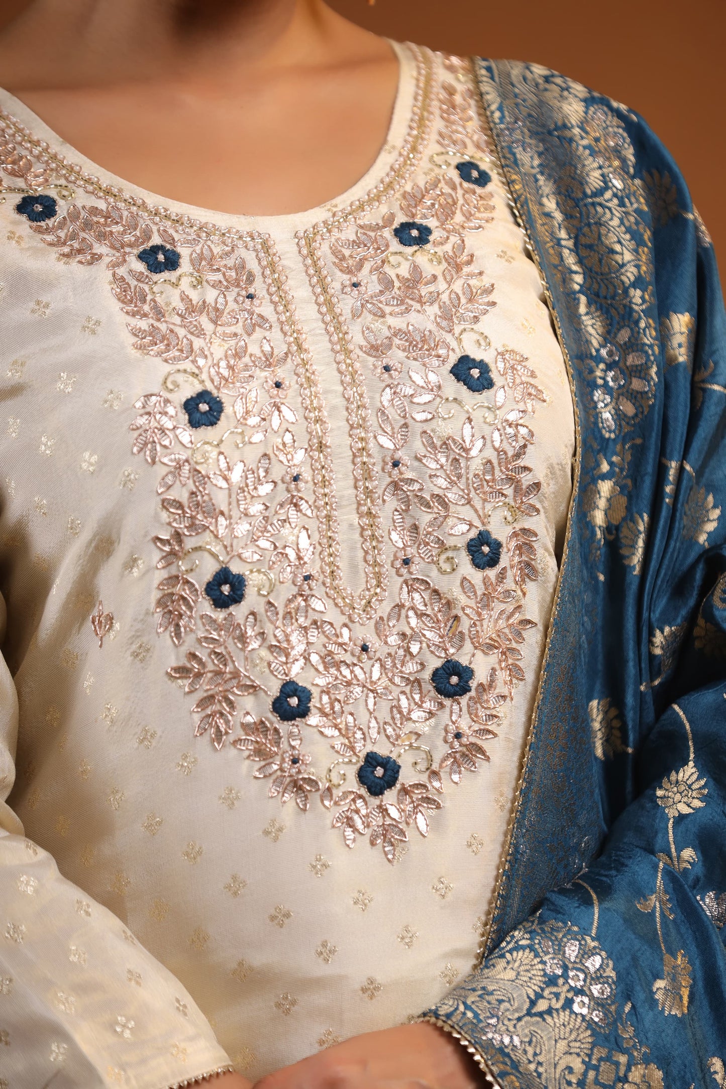 Ivory Suit Set with Blue Banarasi Dupatta