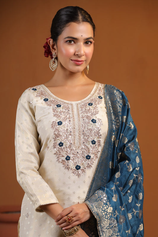 Ivory Suit Set with Blue Banarasi Dupatta