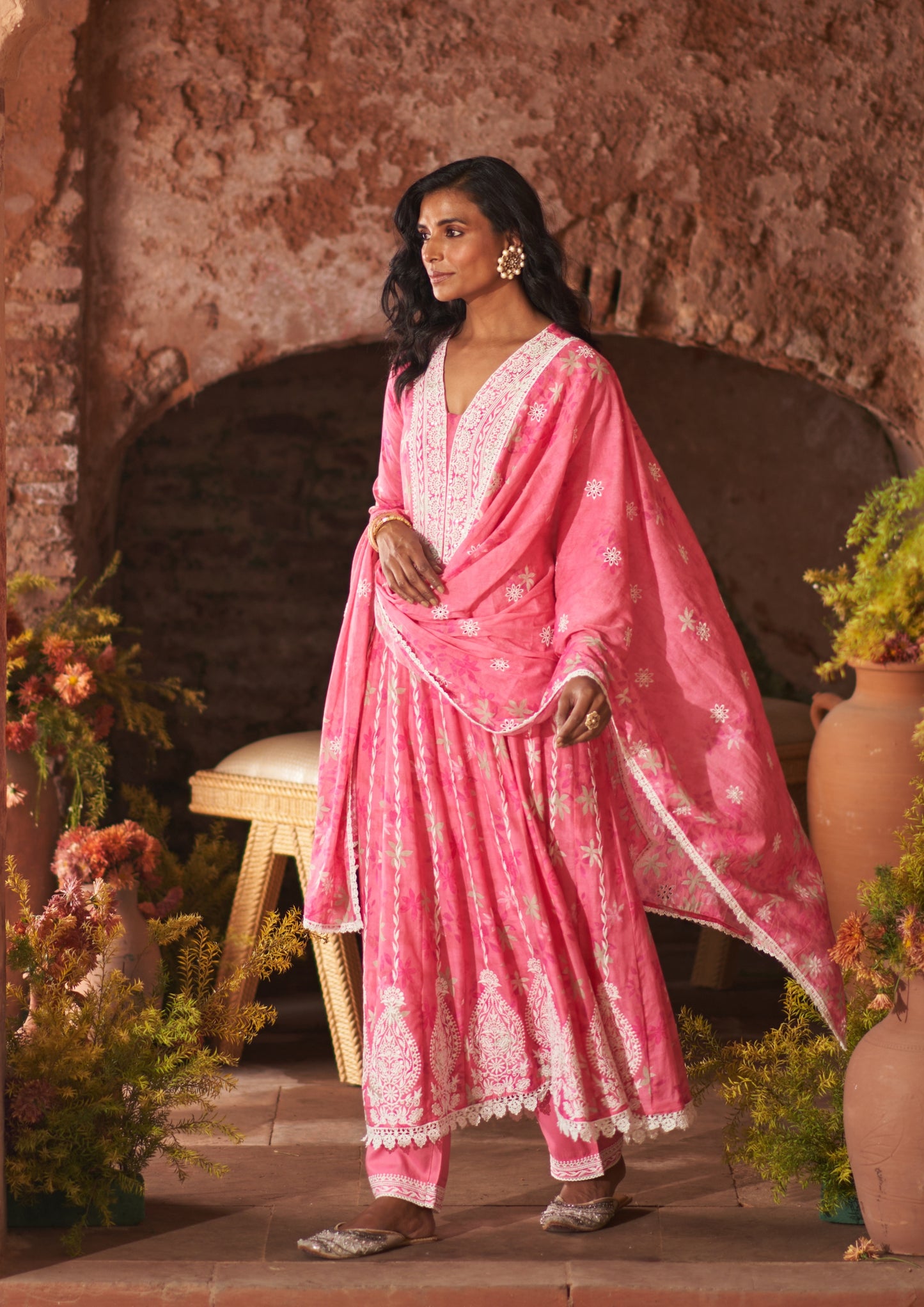 Dusty Pink Cotton Floral Printed and Resham Embroidered Anarkali Suit