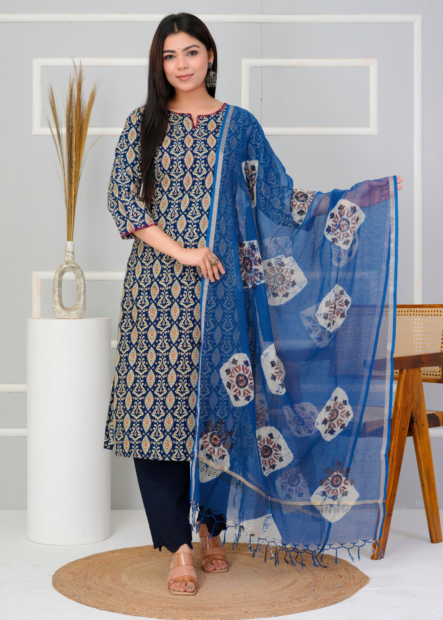 Indigo Heritage Cotton Suit Set with Kota Doria Dupatta