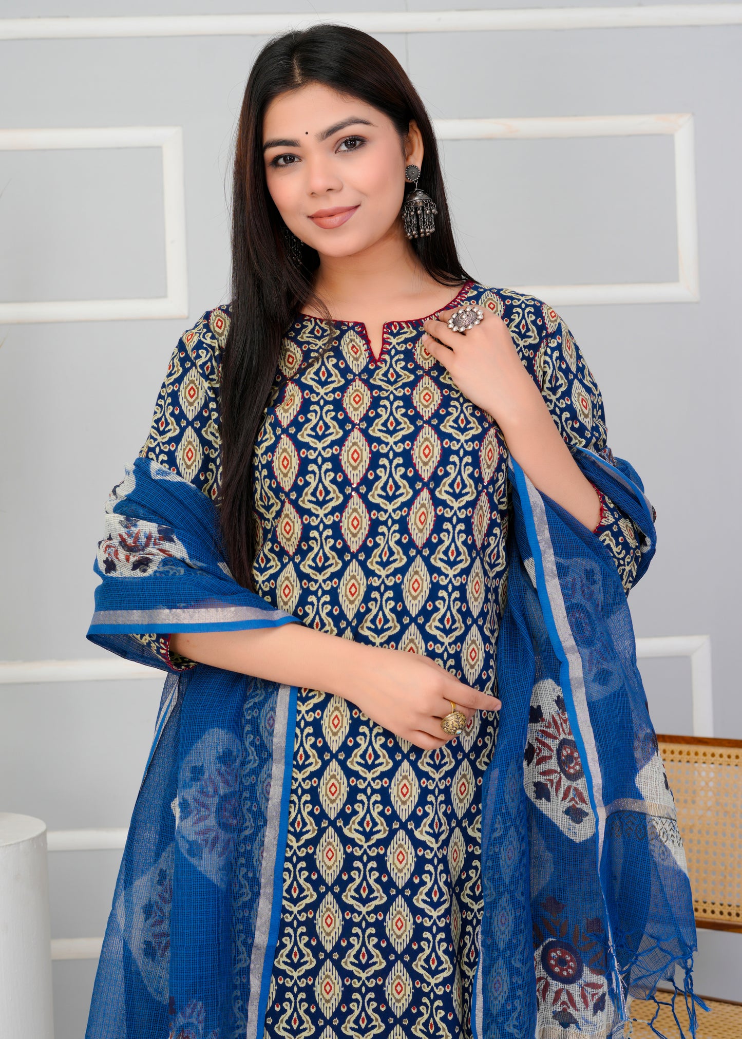 Indigo Heritage Cotton Suit Set with Kota Doria Dupatta