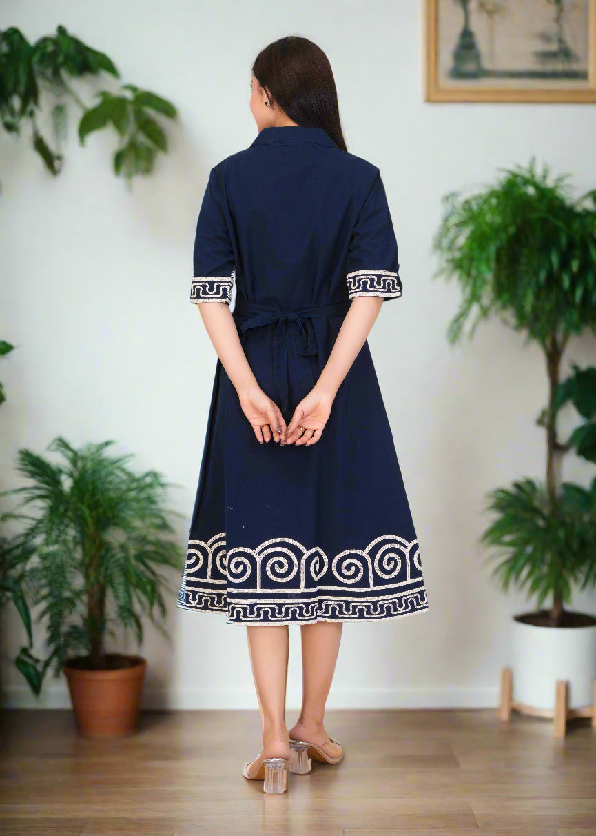Navy Blue A-Line Cotton Midi Dress