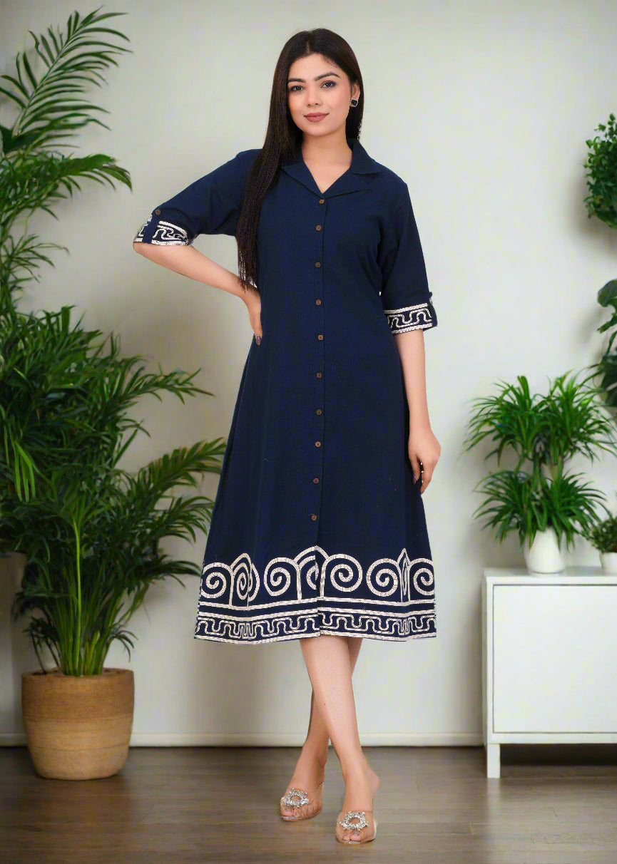 Navy Blue A-Line Cotton Midi Dress