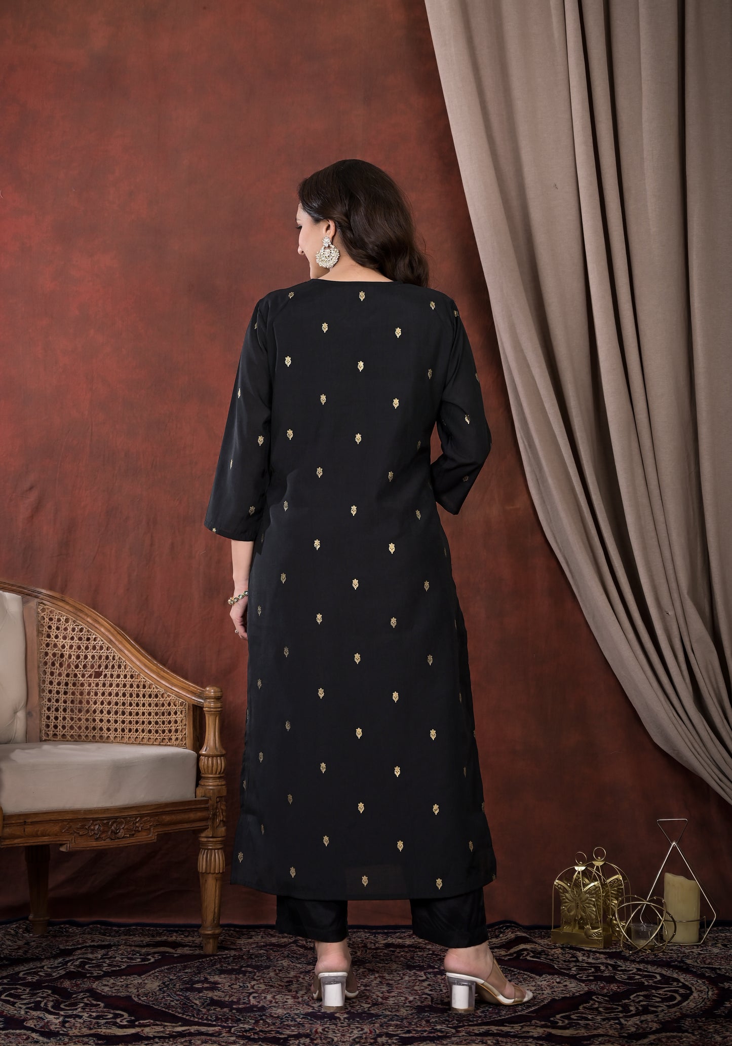 Black Embroidered Straight Suit Set