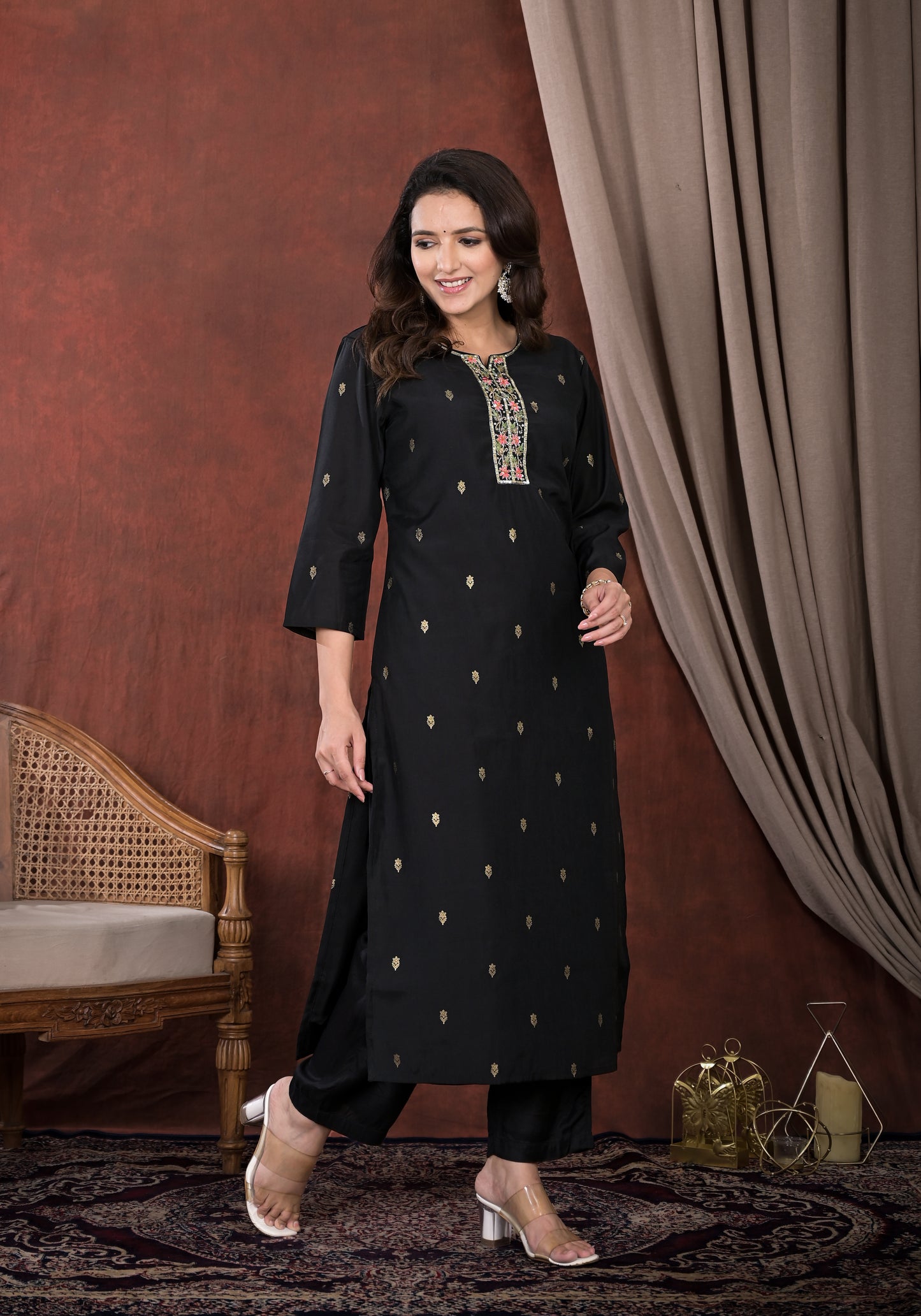 Black Embroidered Straight Suit Set