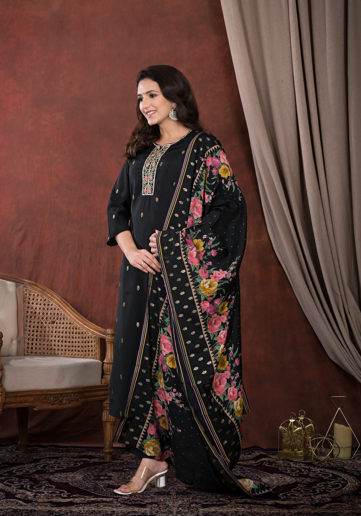 Black Embroidered Straight Suit Set