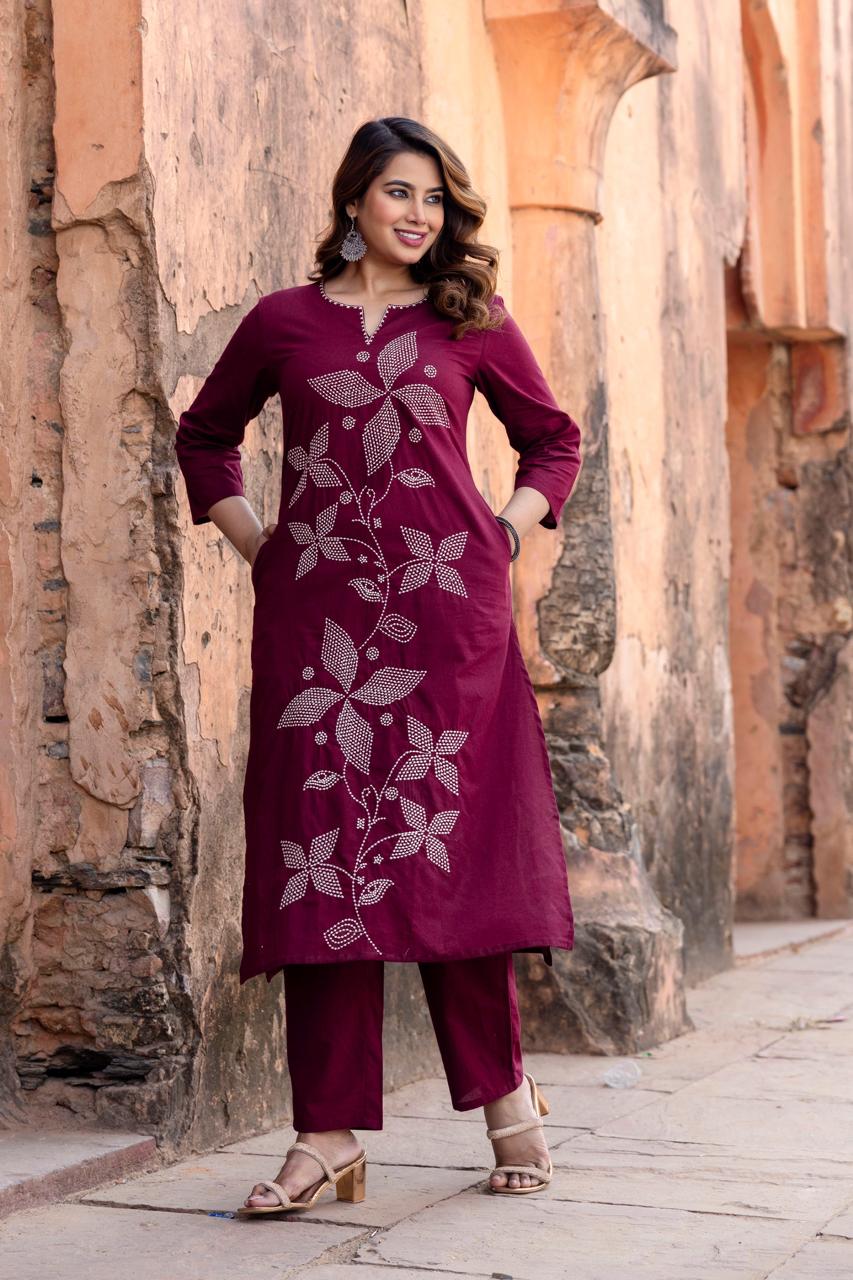 Wine Embroidered Cotton Kurta Pant