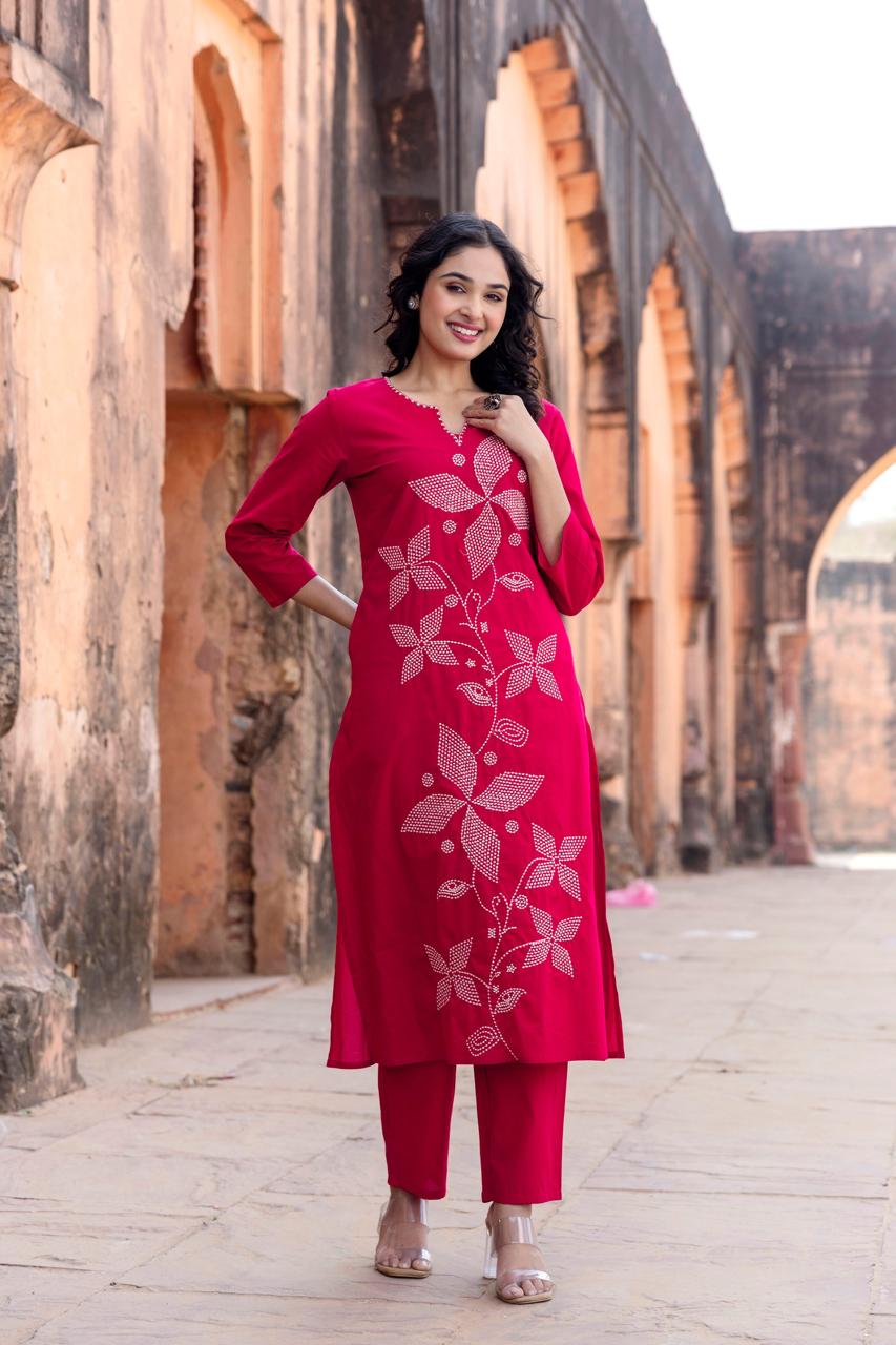 Red Embroidered Cotton Kurta Pant