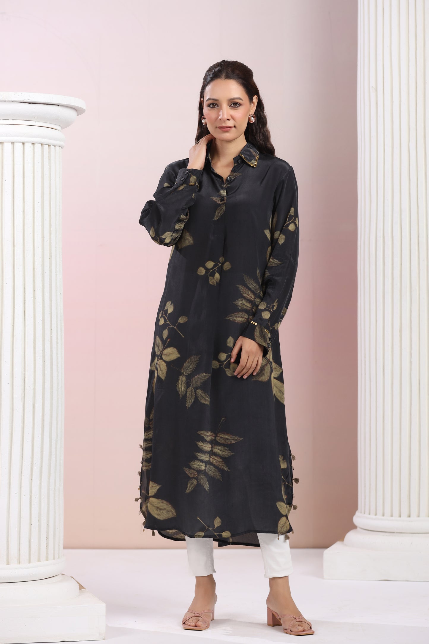 Pure Crepe Floral Printed Shirt Collar Dress