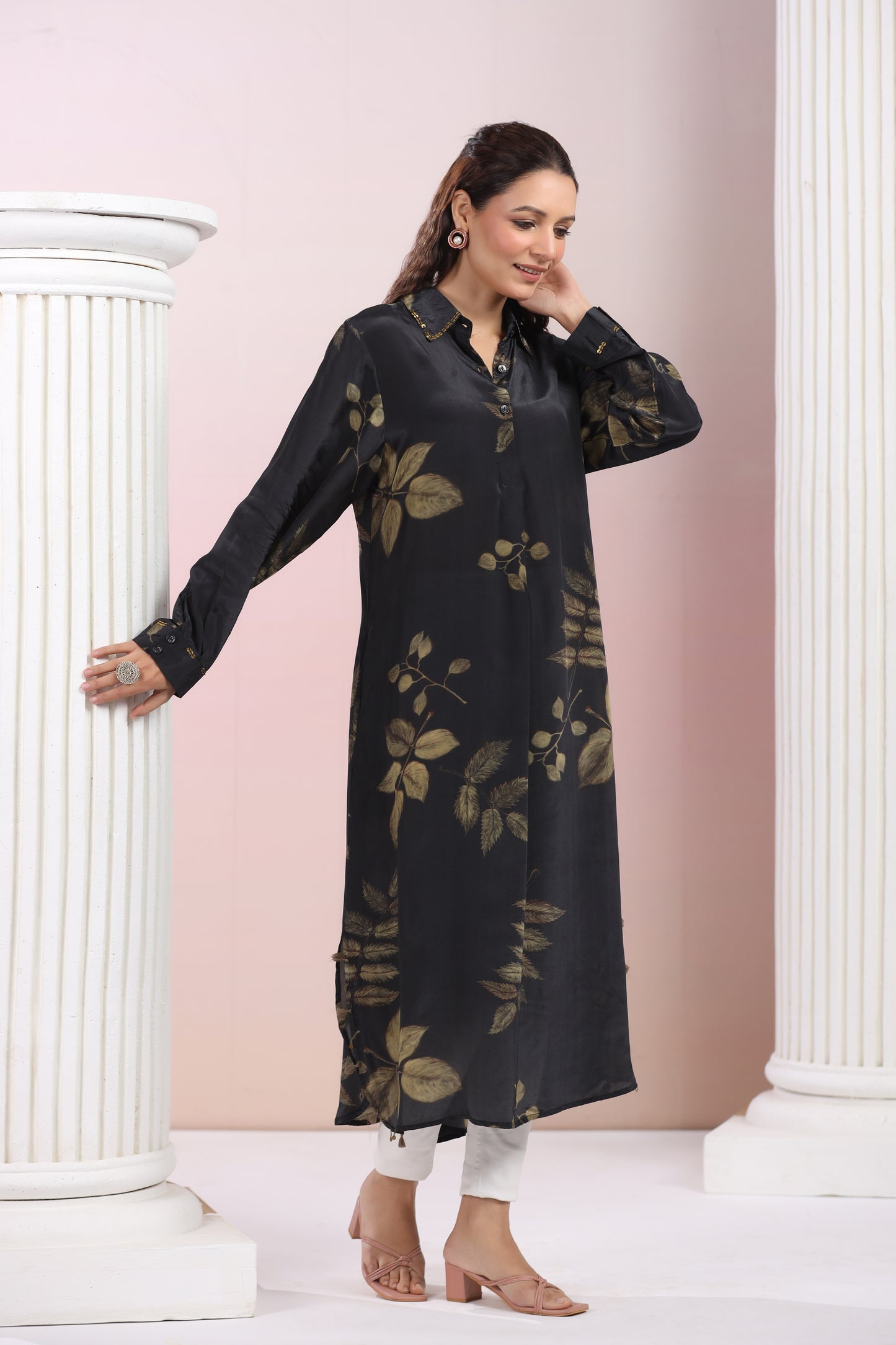 Pure Crepe Floral Printed Shirt Collar Dress