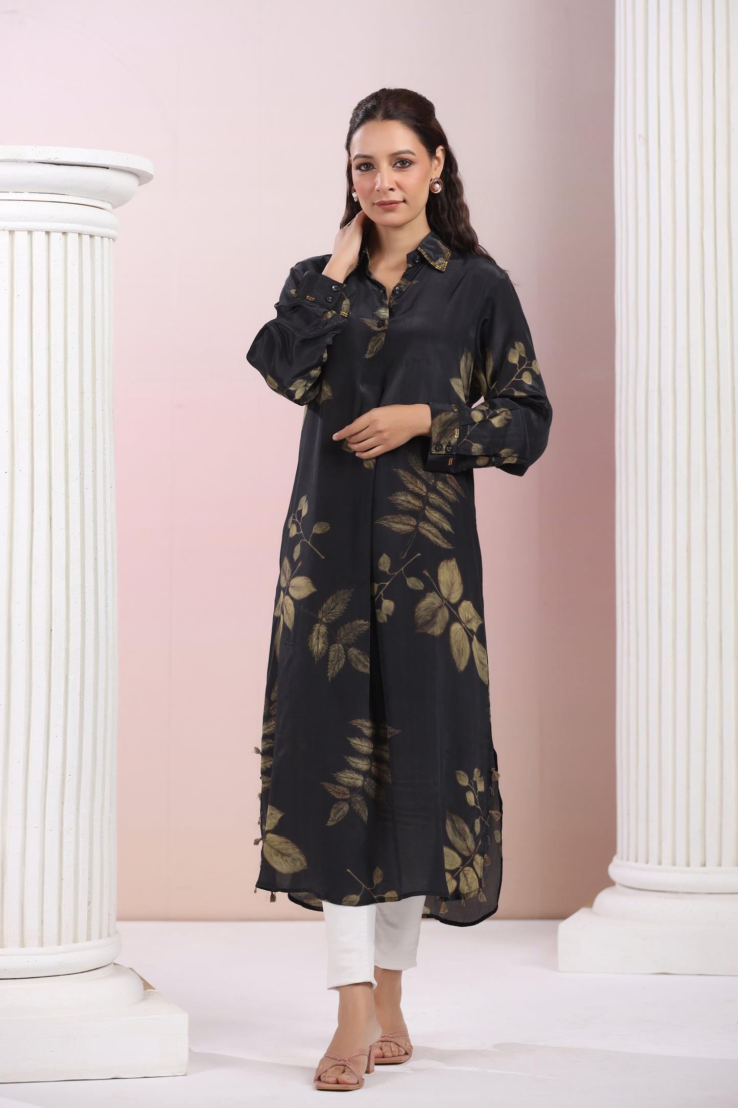 Pure Crepe Floral Printed Shirt Collar Dress