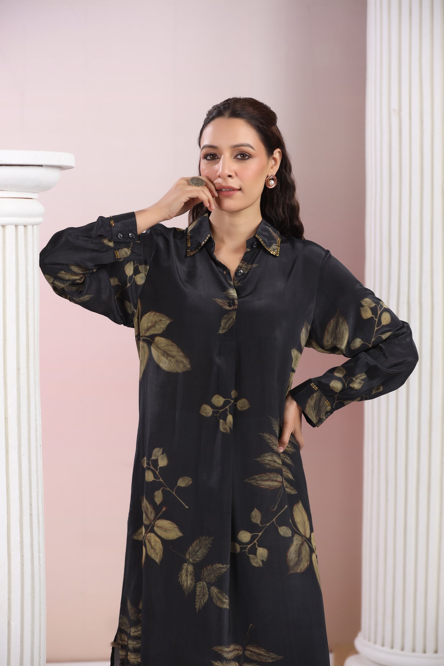 Pure Crepe Floral Printed Shirt Collar Dress