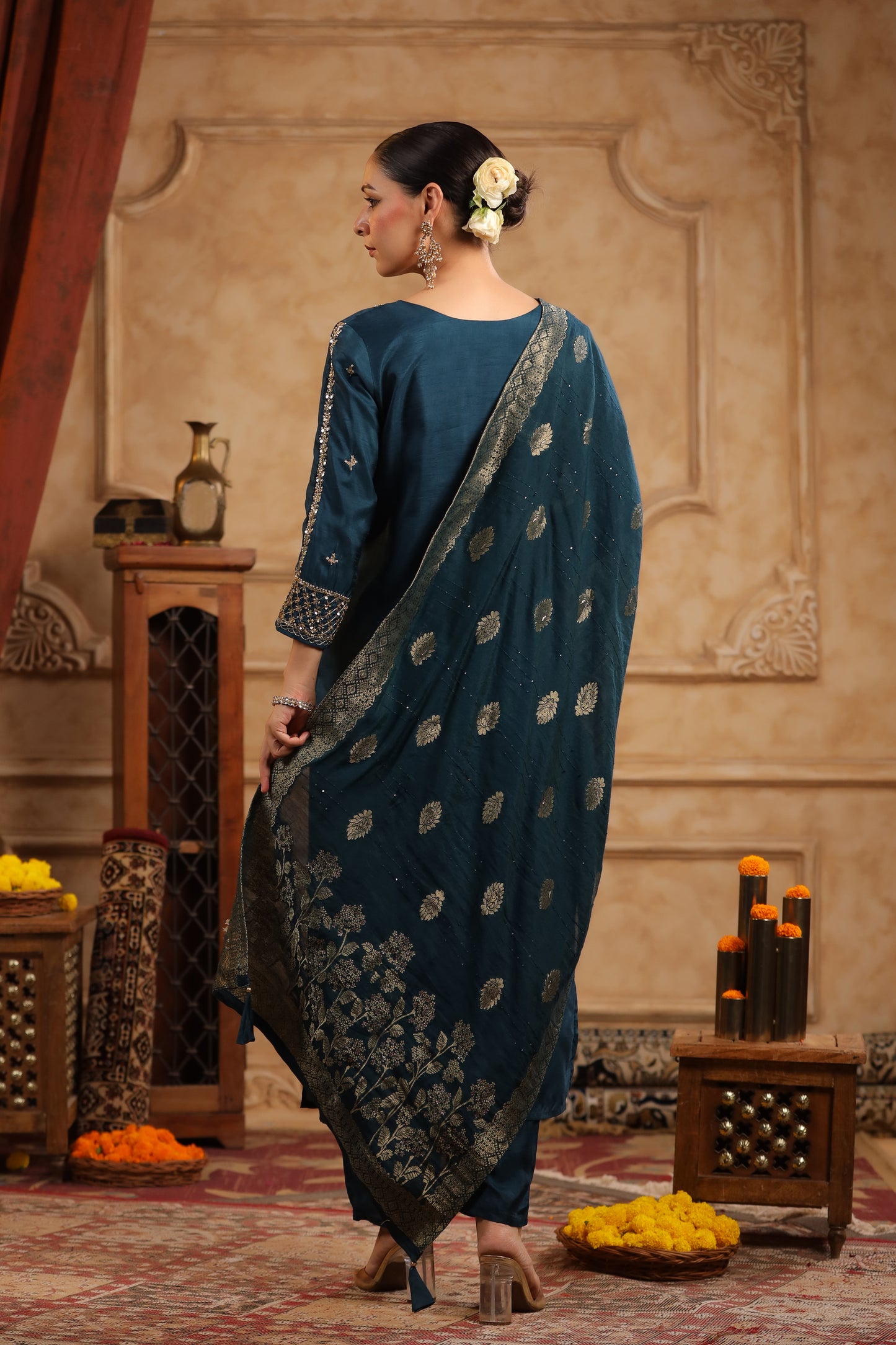 Regal Teal Modal Silk Embroidered Suit Set