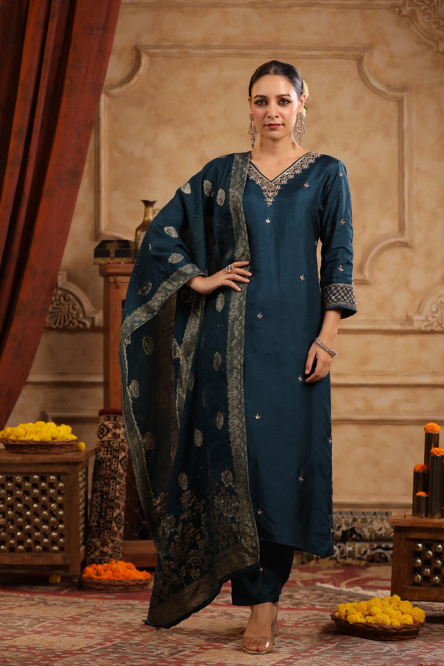 Regal Teal Modal Silk Embroidered Suit Set