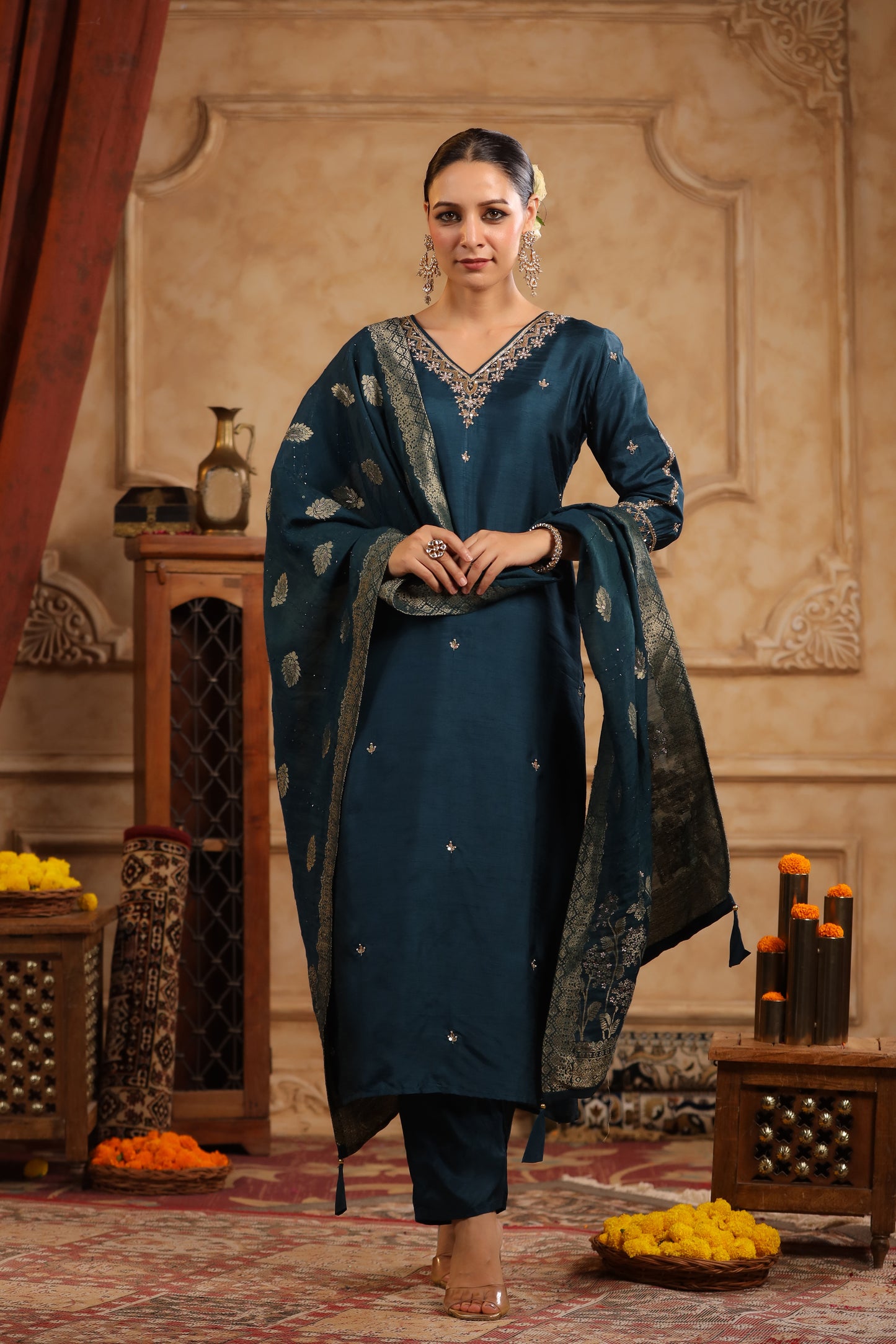 Regal Teal Modal Silk Embroidered Suit Set