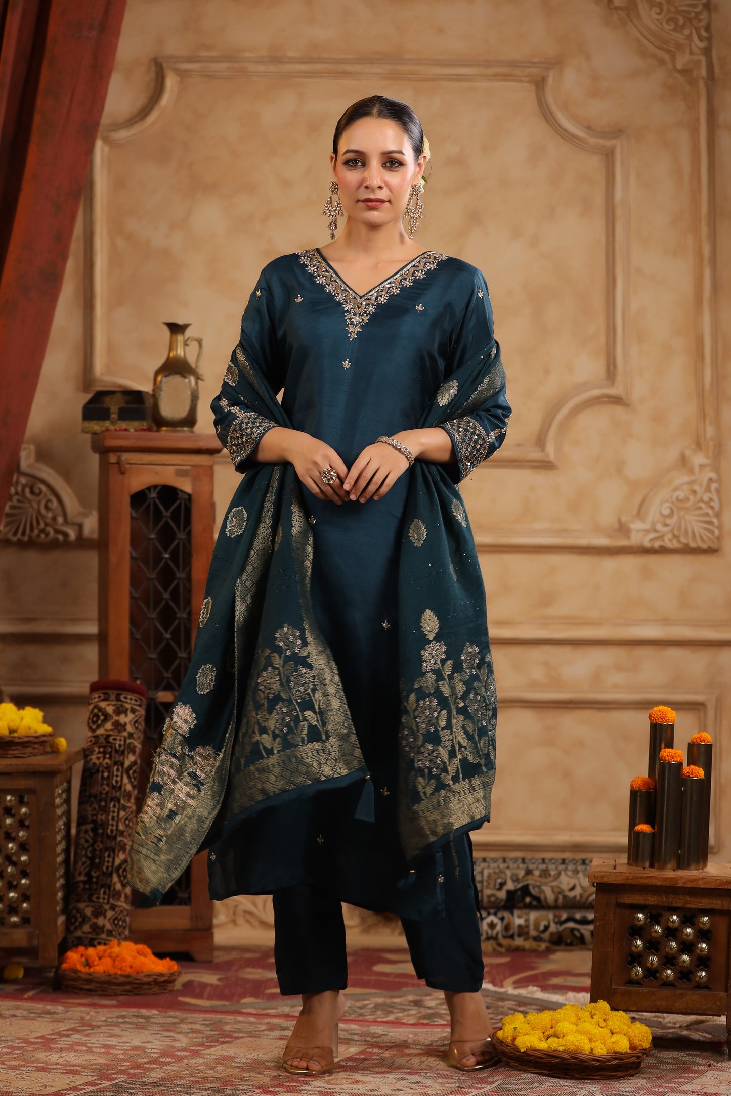 Regal Teal Modal Silk Embroidered Suit Set