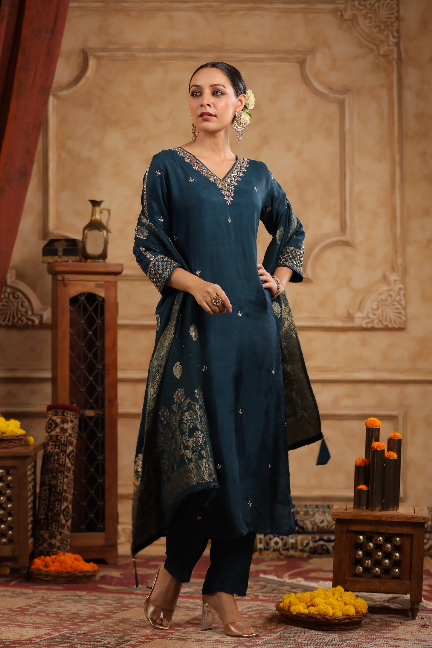 Regal Teal Modal Silk Embroidered Suit Set