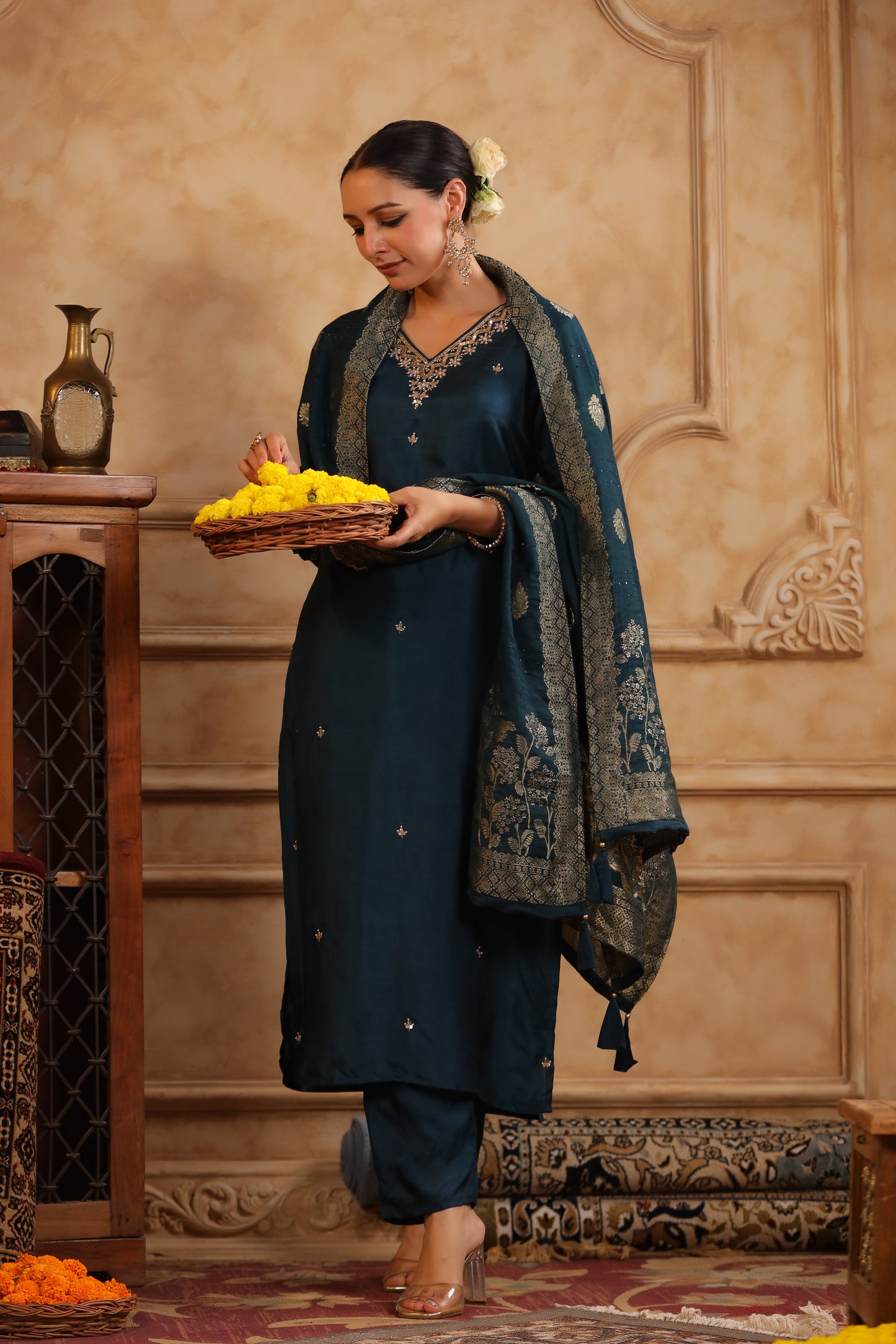 Regal Teal Modal Silk Embroidered Suit Set