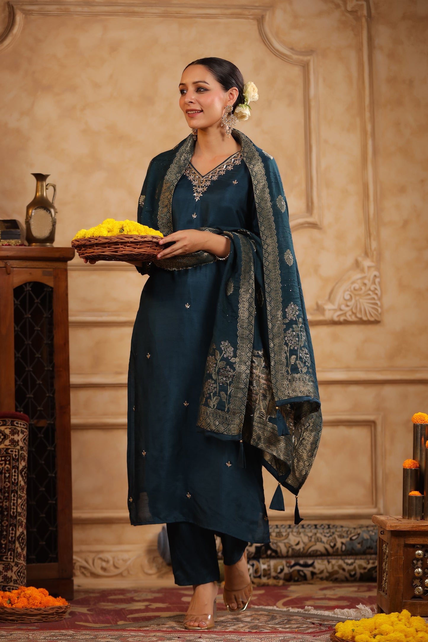 Regal Teal Modal Silk Embroidered Suit Set
