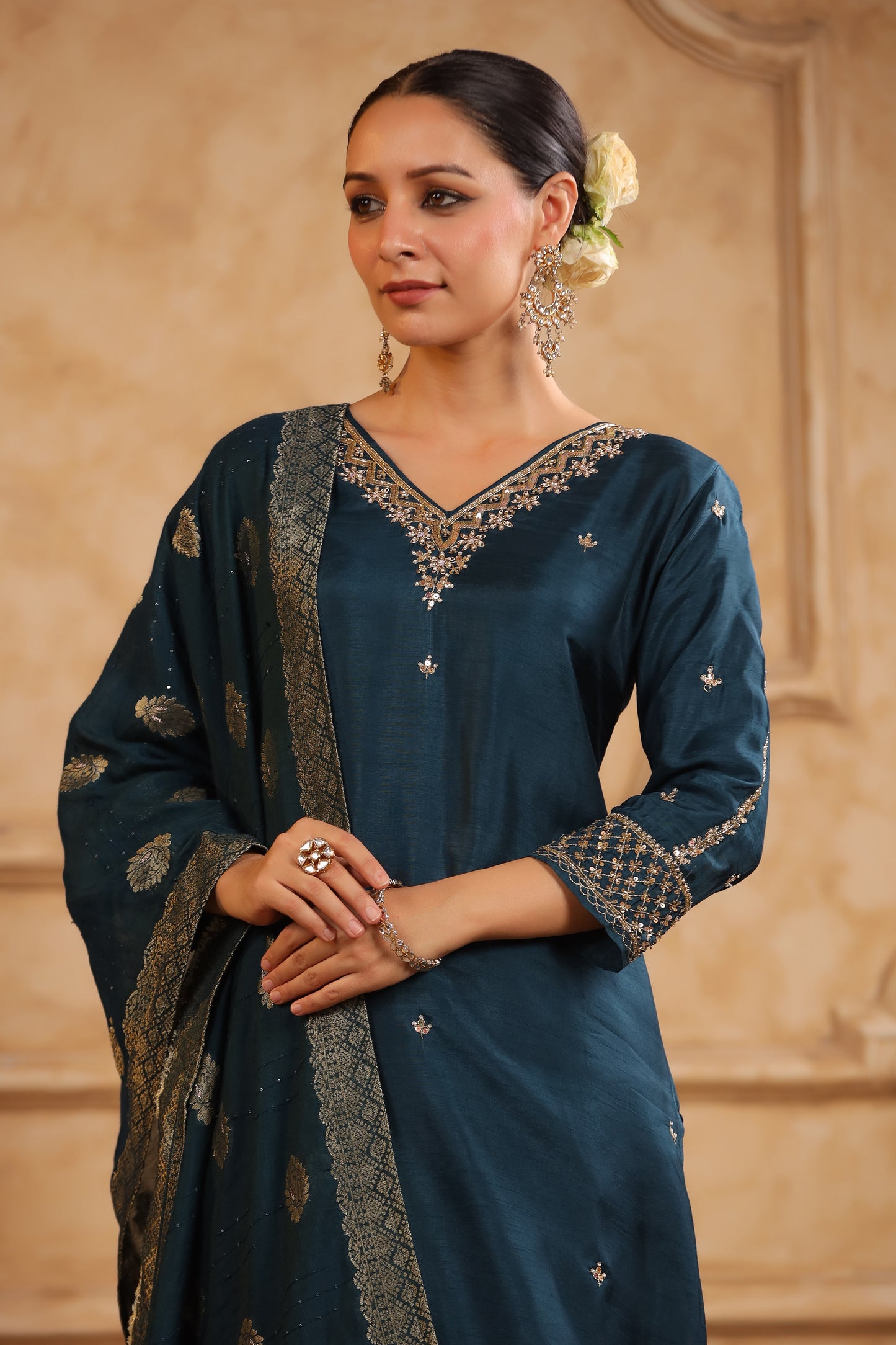 Regal Teal Modal Silk Embroidered Suit Set