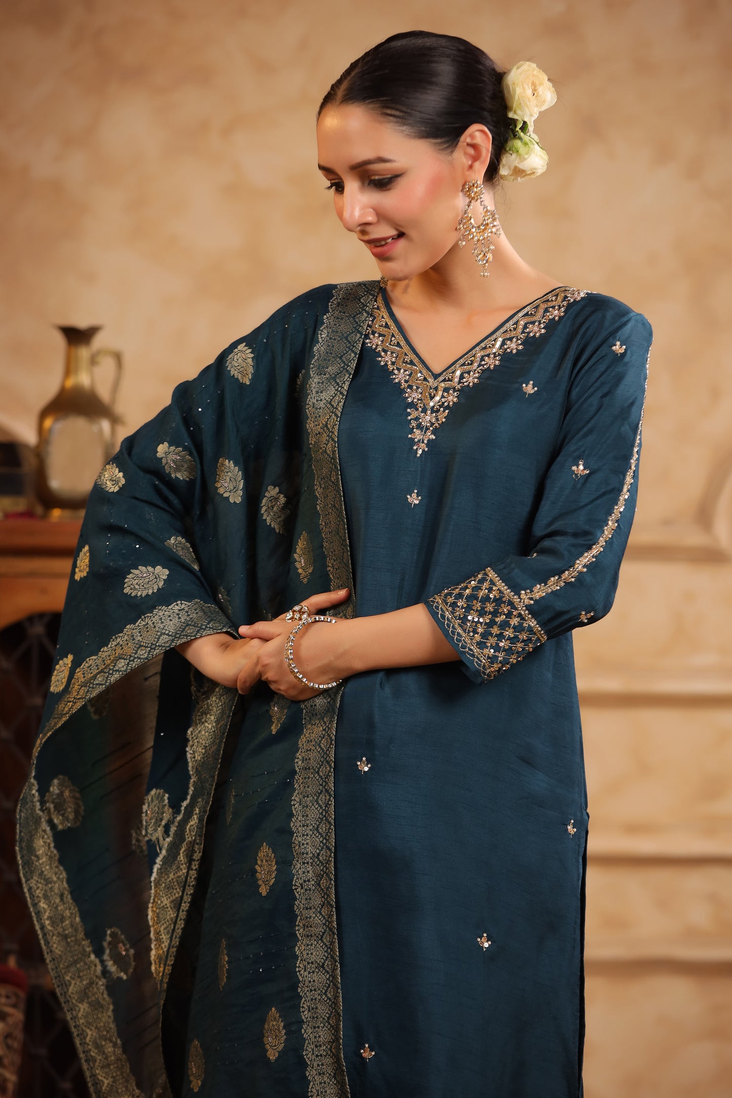 Regal Teal Modal Silk Embroidered Suit Set