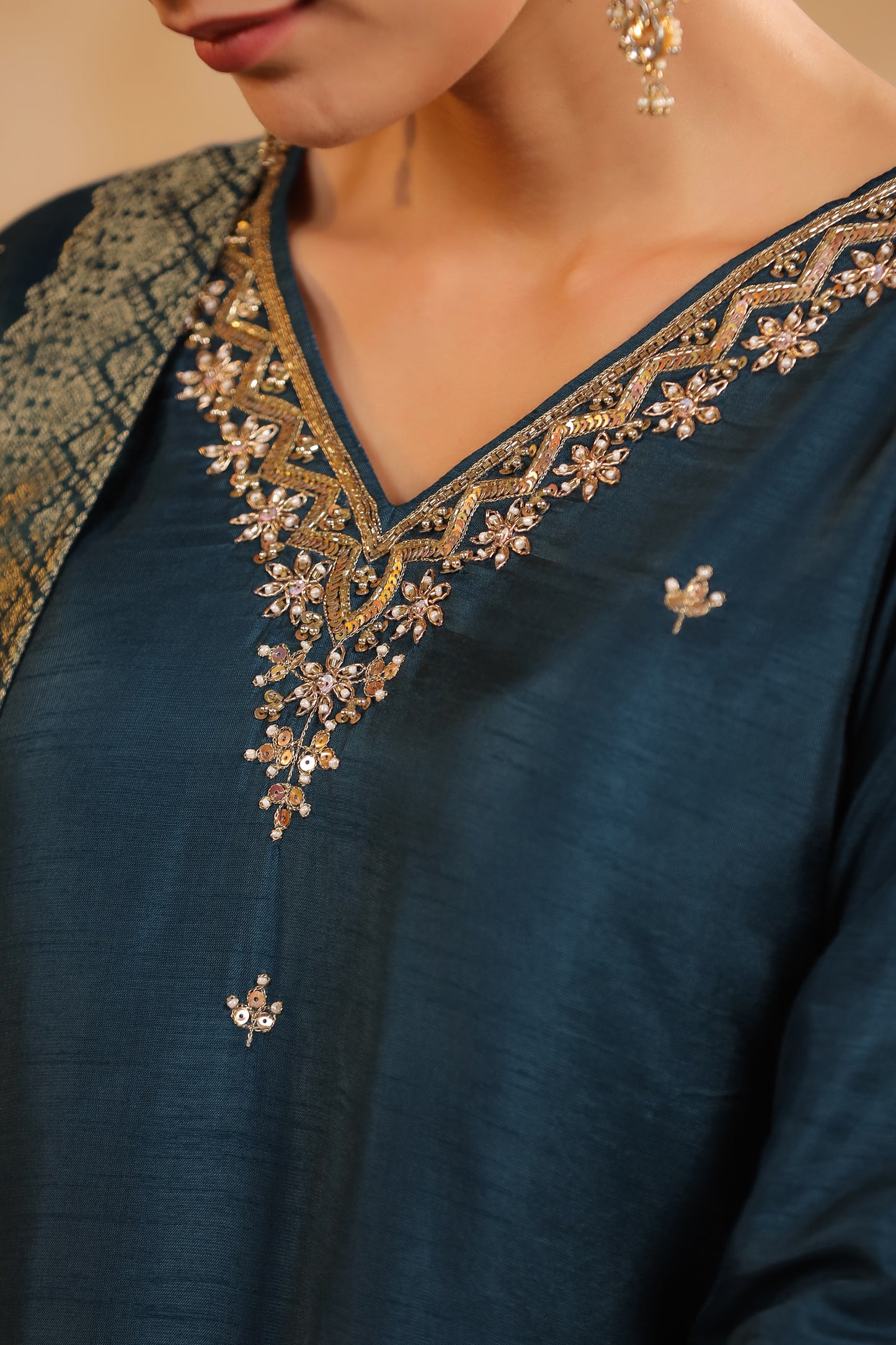 Regal Teal Modal Silk Embroidered Suit Set