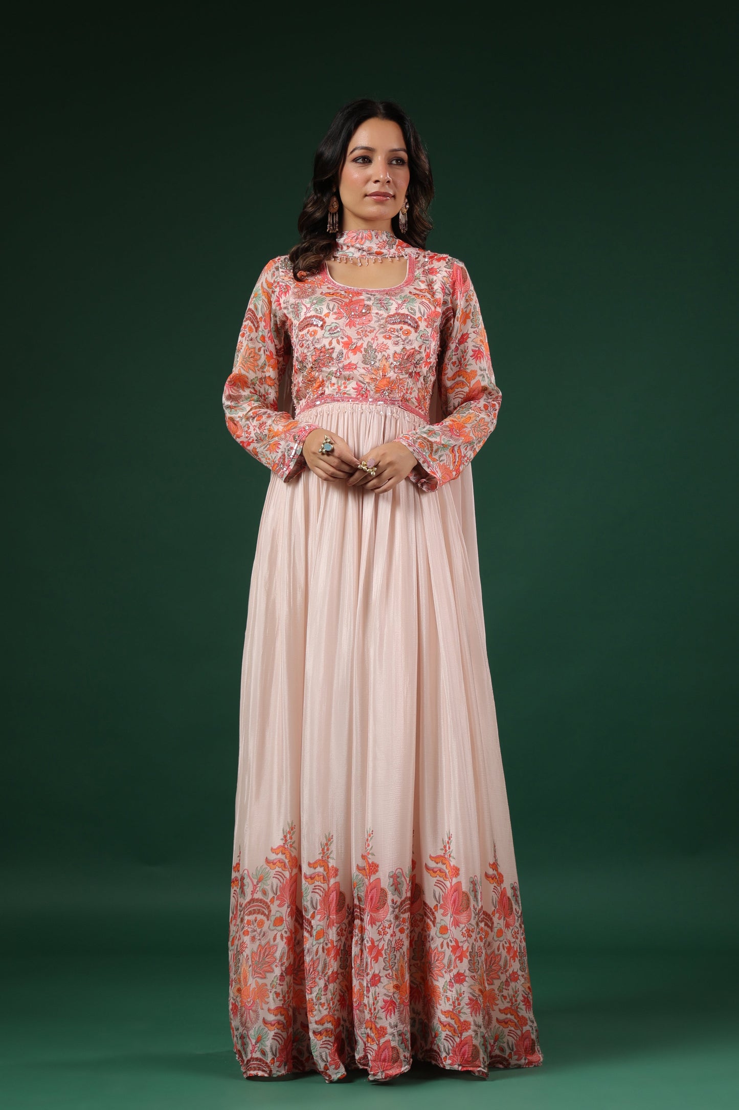Floral Printed Gown with Handwork embroidery (3 colours)
