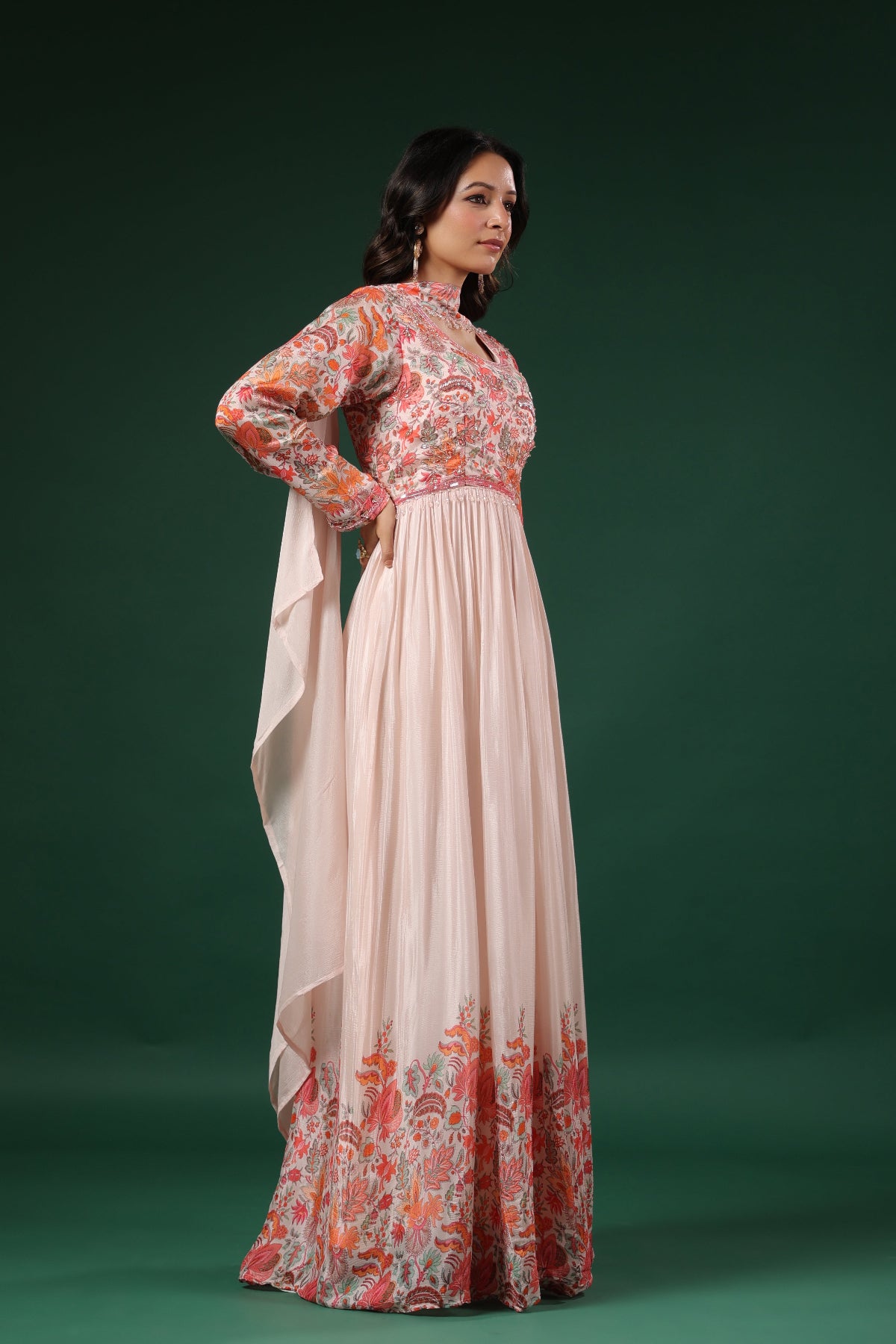 Floral Printed Gown with Handwork embroidery (3 colours)