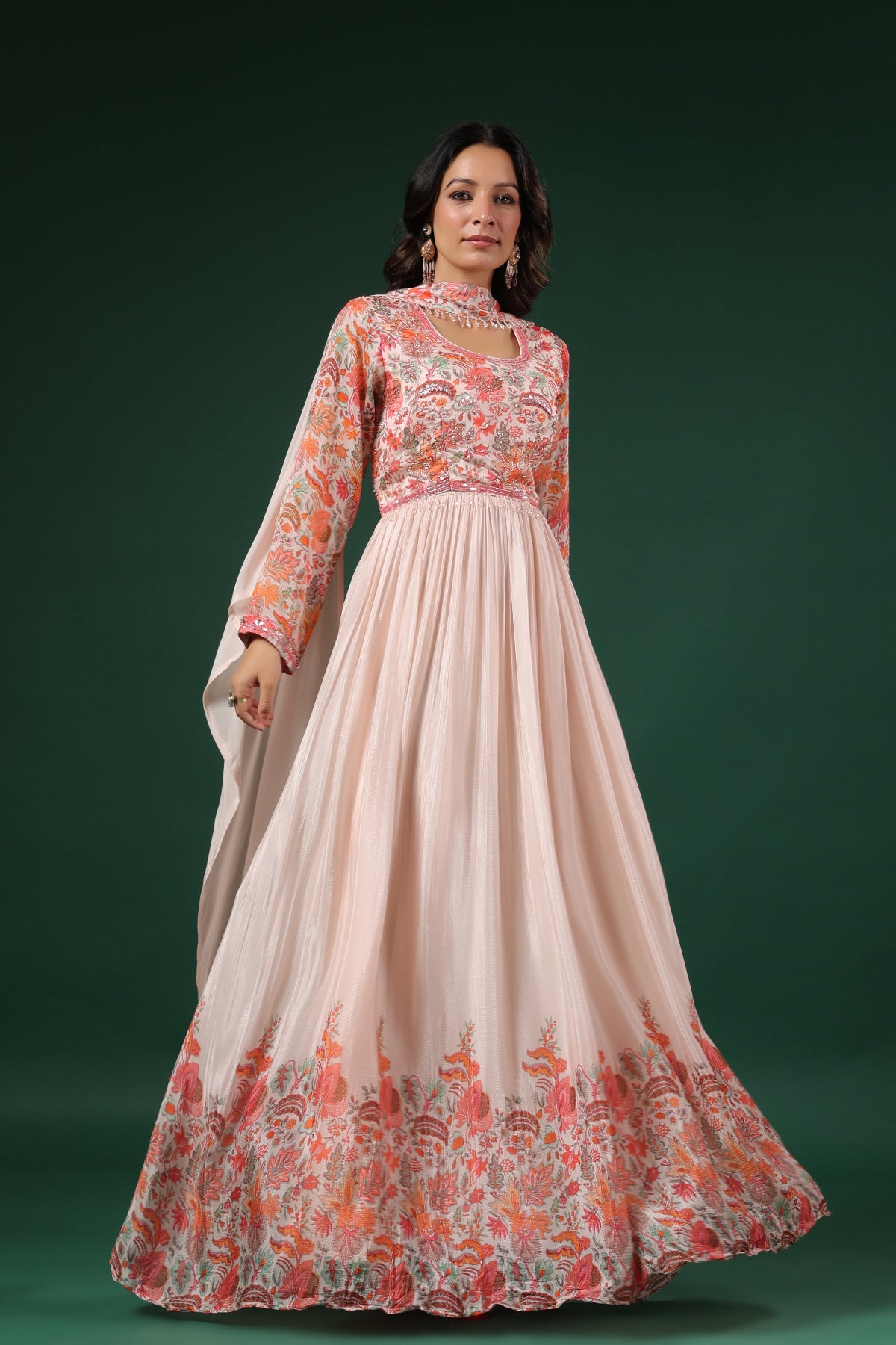 Floral Printed Gown with Handwork embroidery (3 colours)
