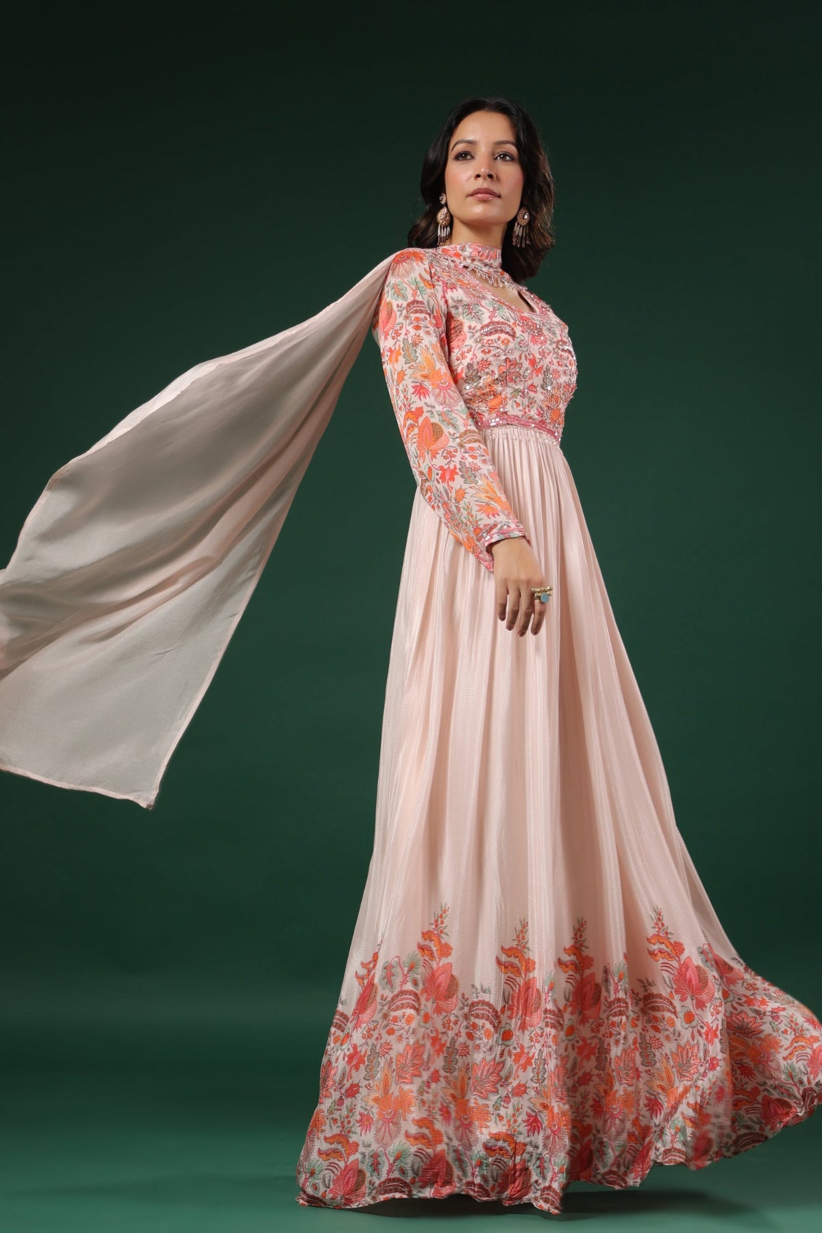 Floral Printed Gown with Handwork embroidery (3 colours)