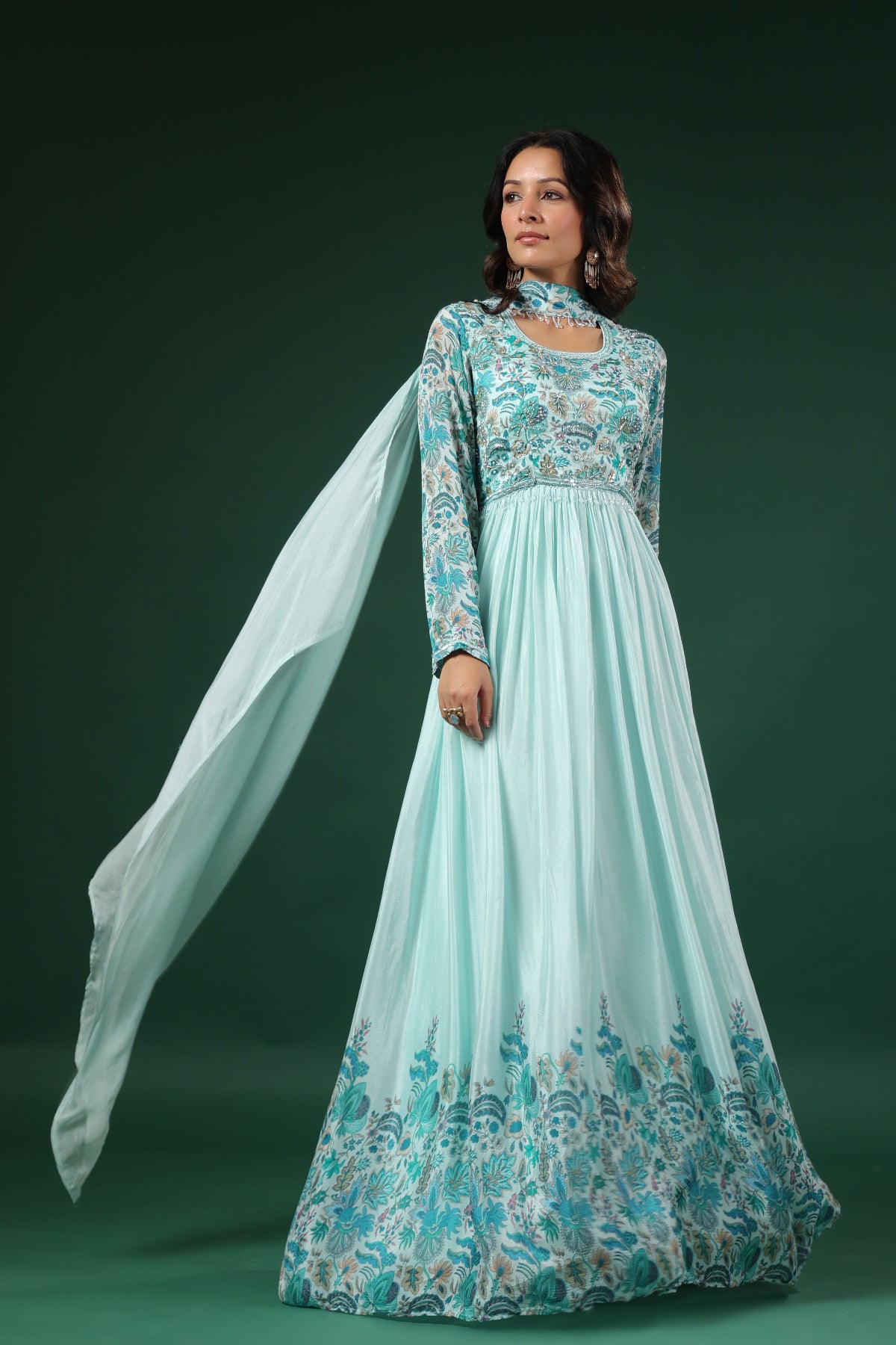 Floral Printed Gown with Handwork embroidery (3 colours)