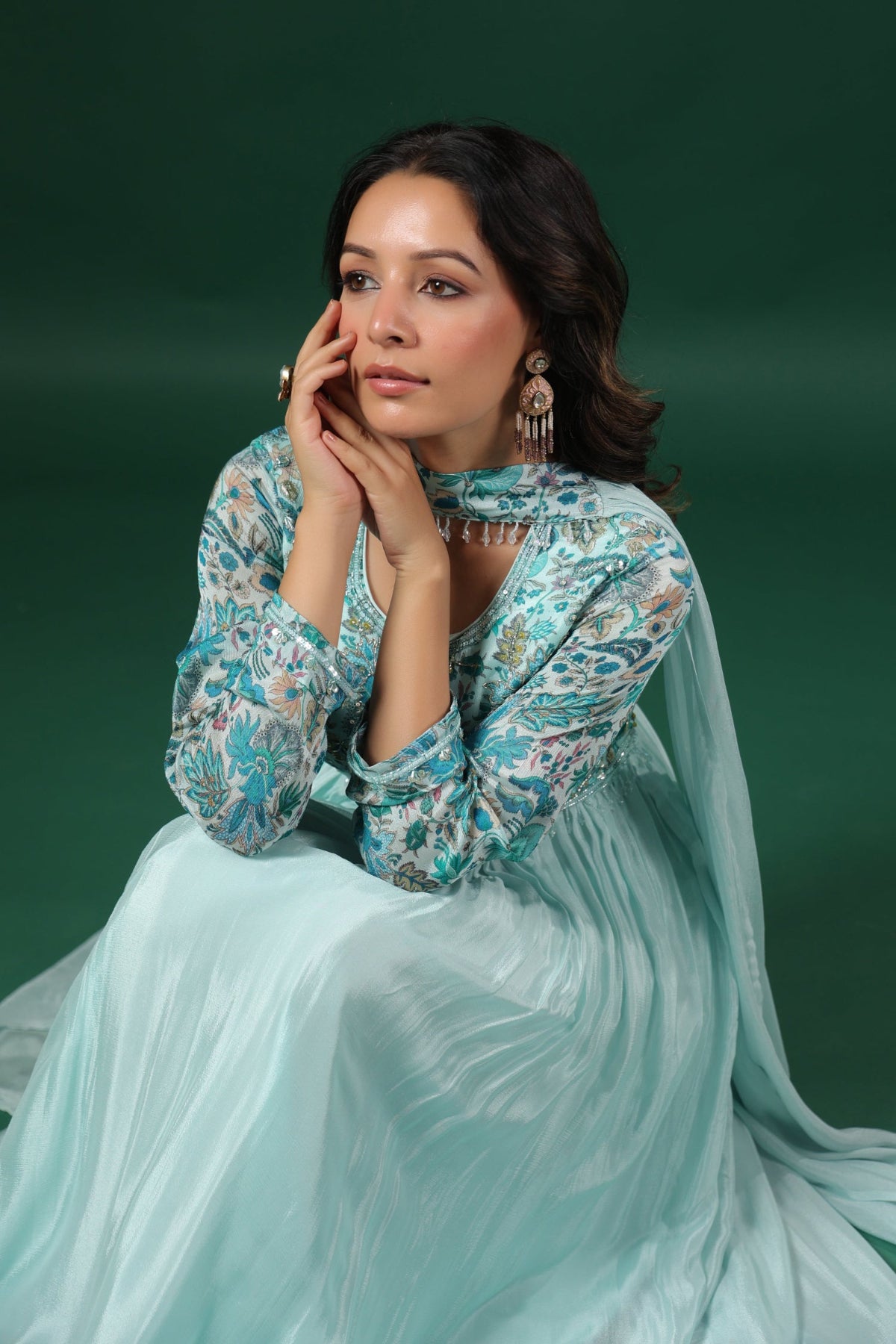 Floral Printed Gown with Handwork embroidery (3 colours)