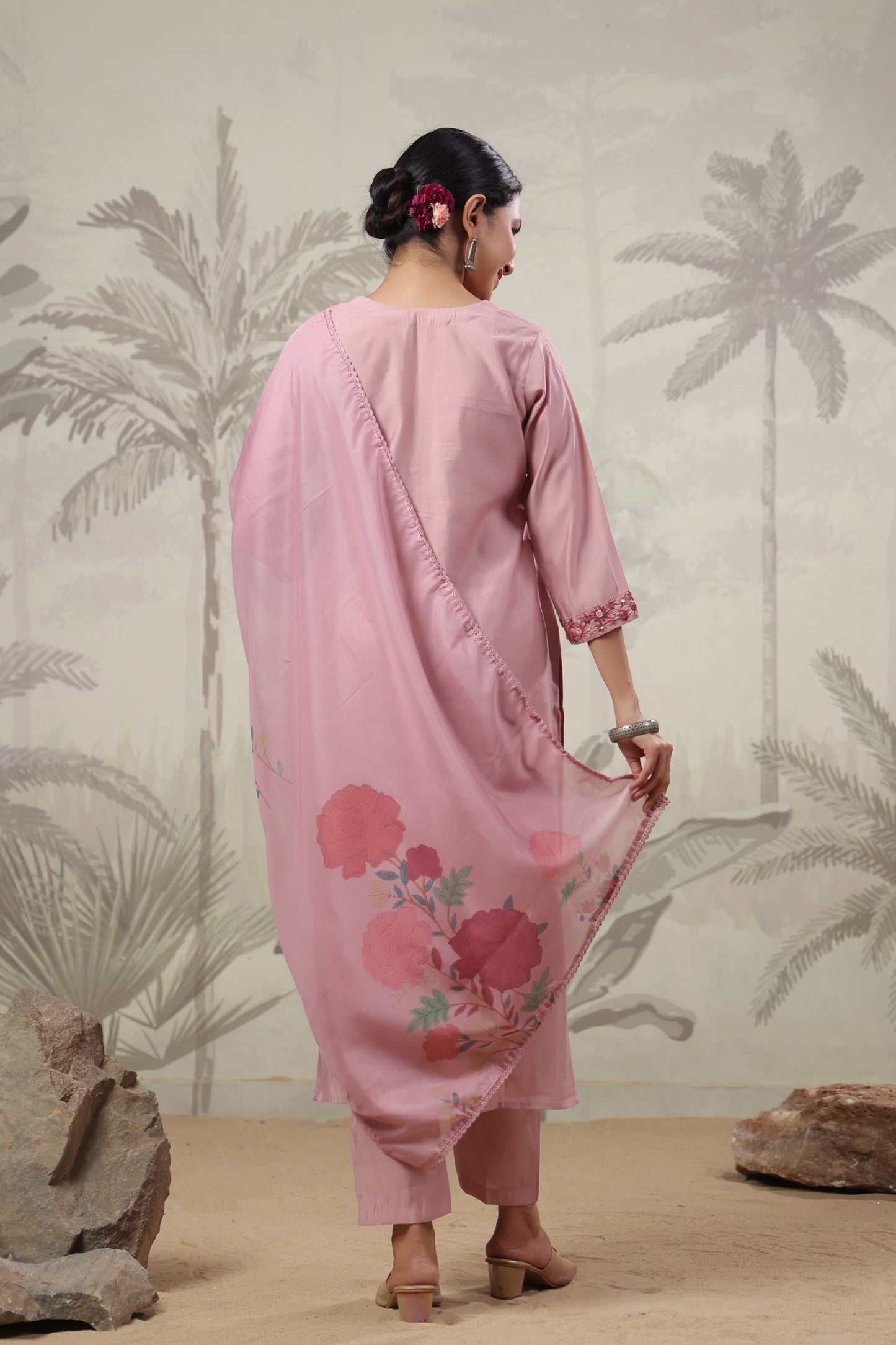 Nude Pink Thread Embroidered Suit Set