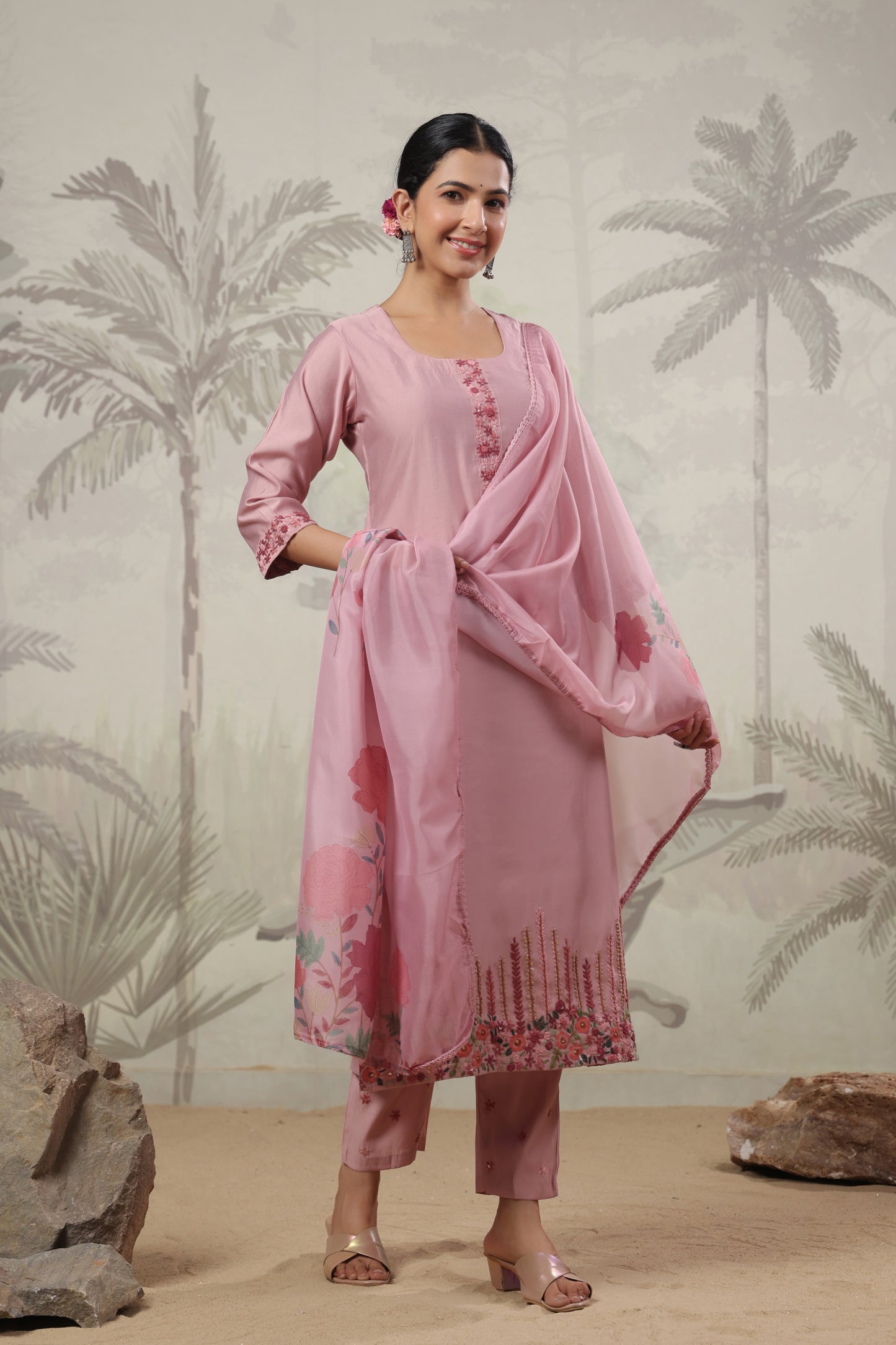 Nude Pink Thread Embroidered Suit Set