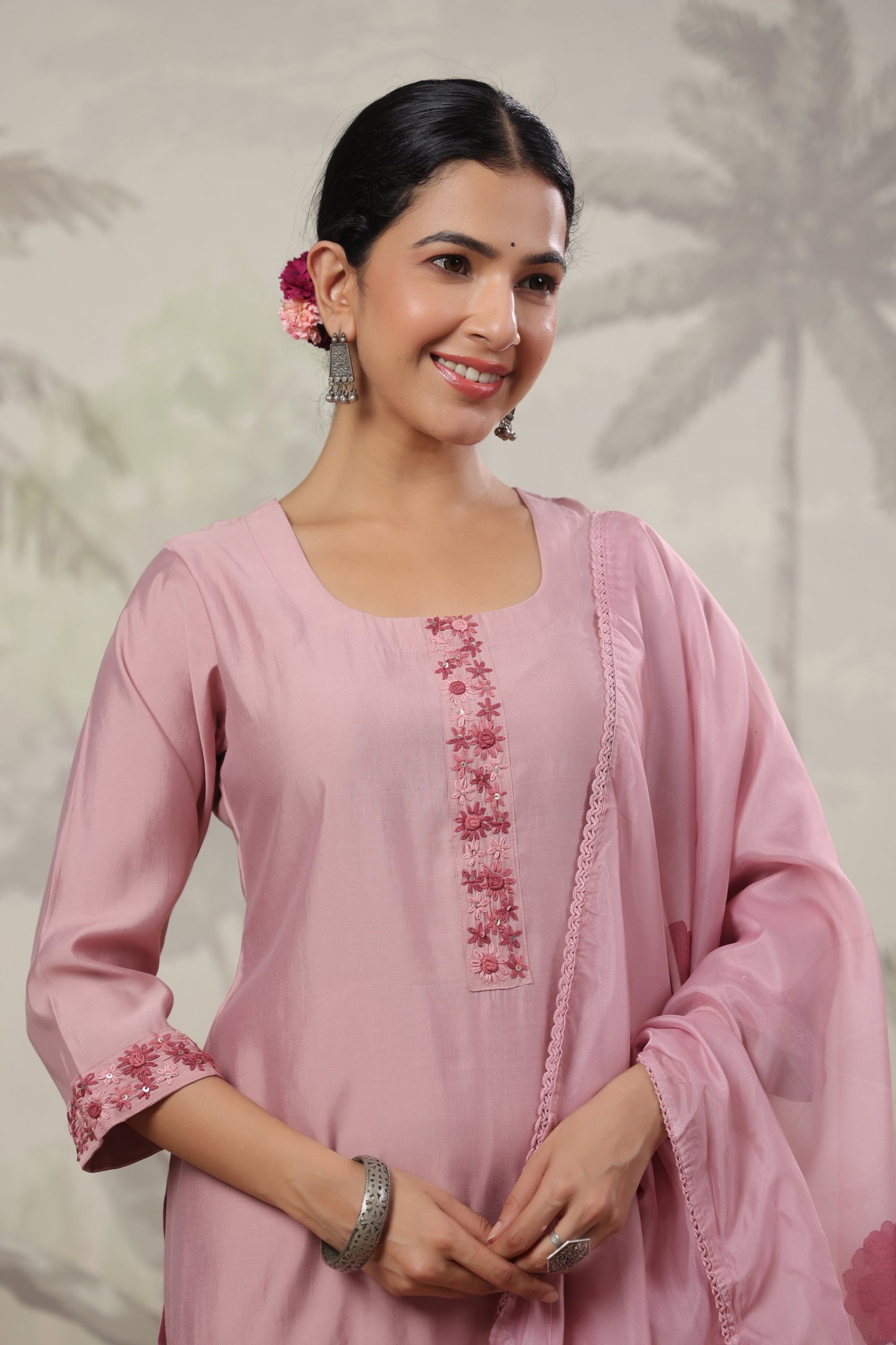 Nude Pink Thread Embroidered Suit Set