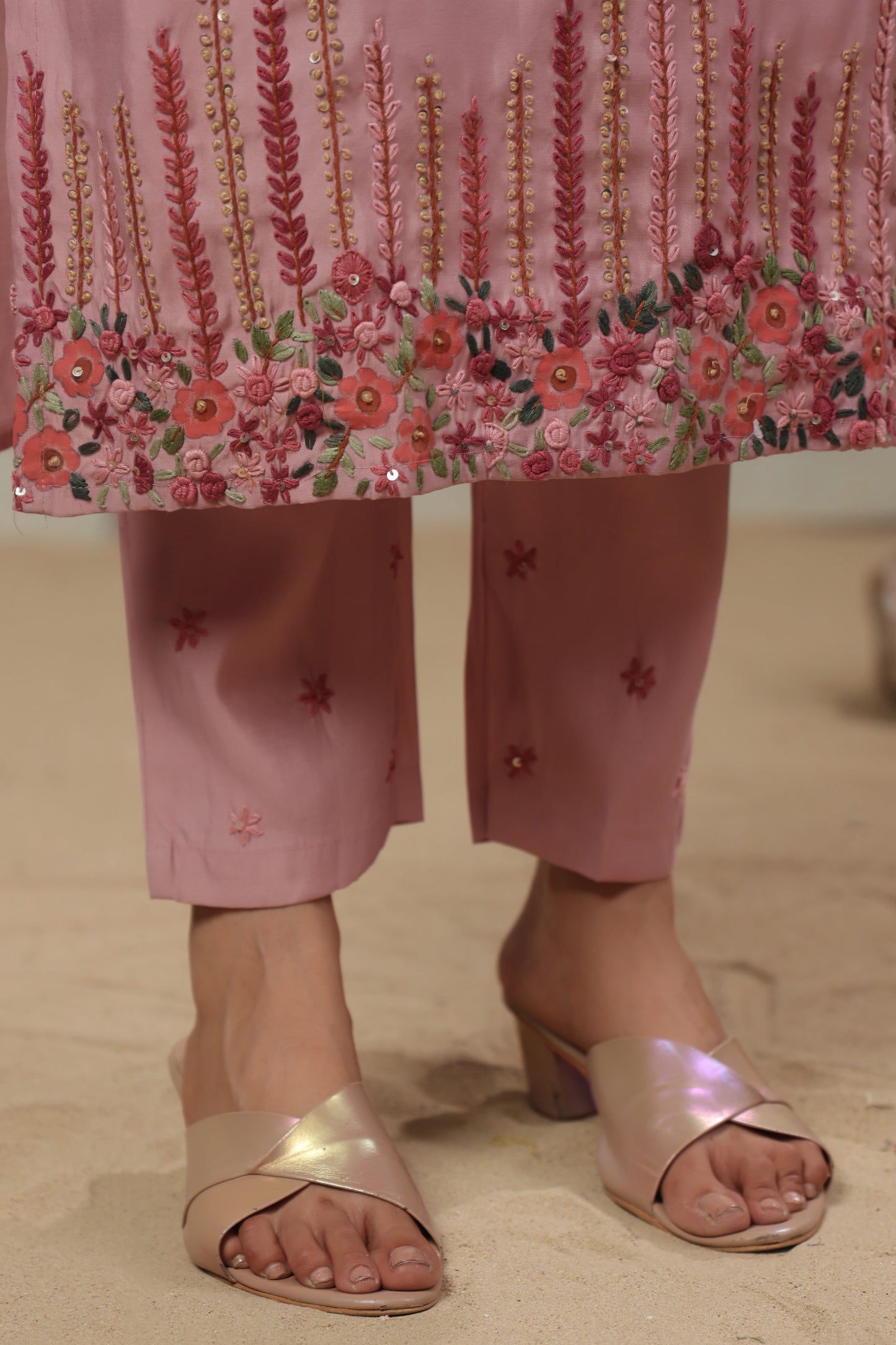 Nude Pink Thread Embroidered Suit Set